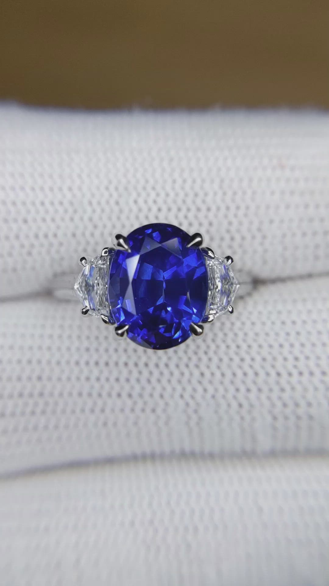 5.28 Ct. Blue Sapphire and Natural Diamond Three Stone Ring, Platinum 950 Size Video
