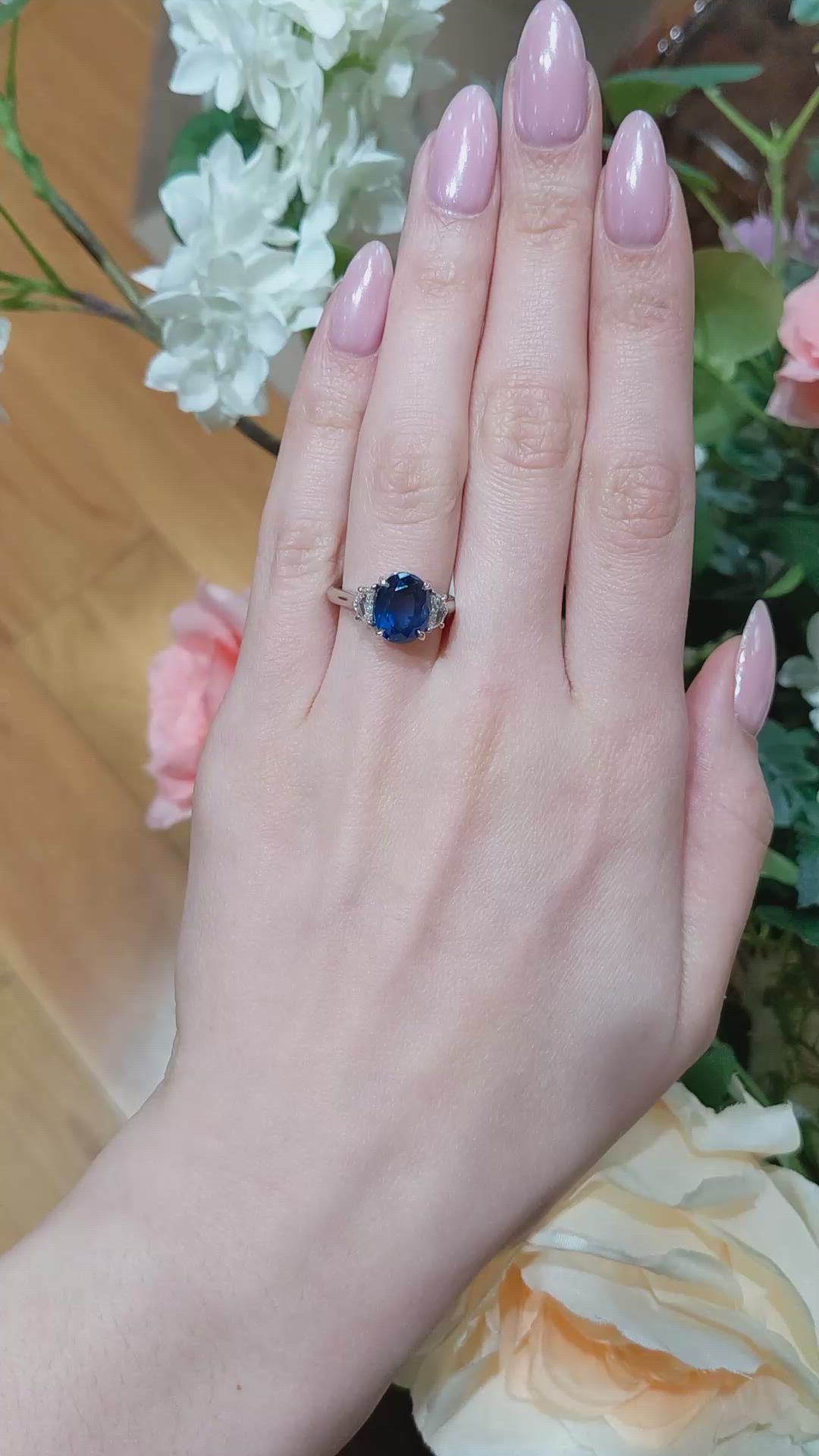 5.28 Ct. Blue Sapphire and Natural Diamond Three Stone Ring, Platinum 950 Size Video