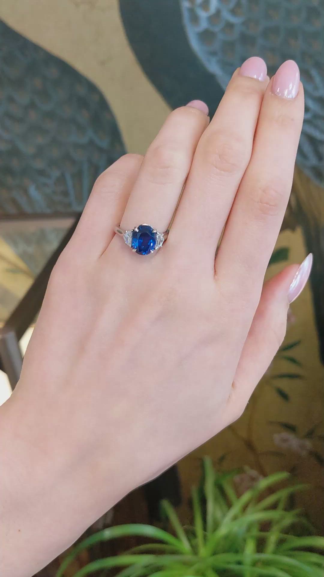 5.28 Ct. Blue Sapphire and Natural Diamond Three Stone Ring, Platinum 950 Size Video