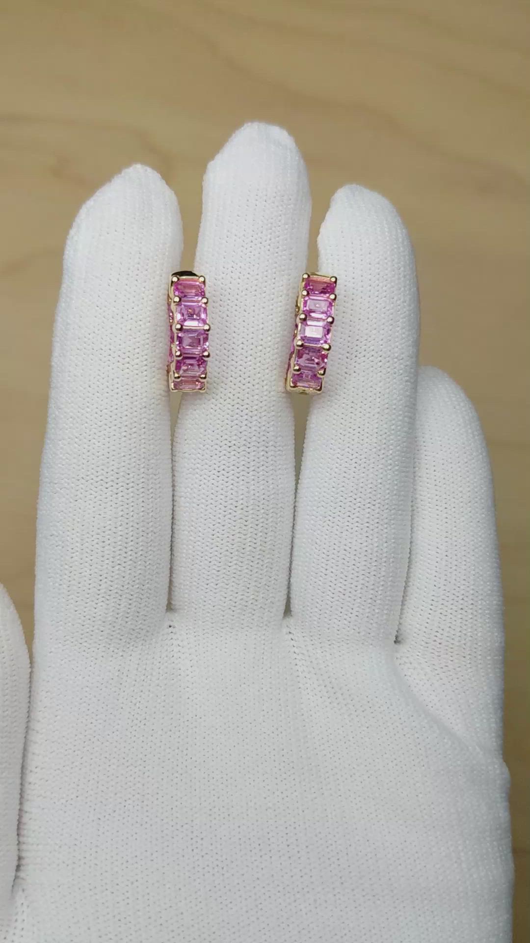 5.40&nbsp;Ct.Tw.Total Carat Weight Pink Sapphire Hoops Earrings, 14K Yellow Gold Size Video