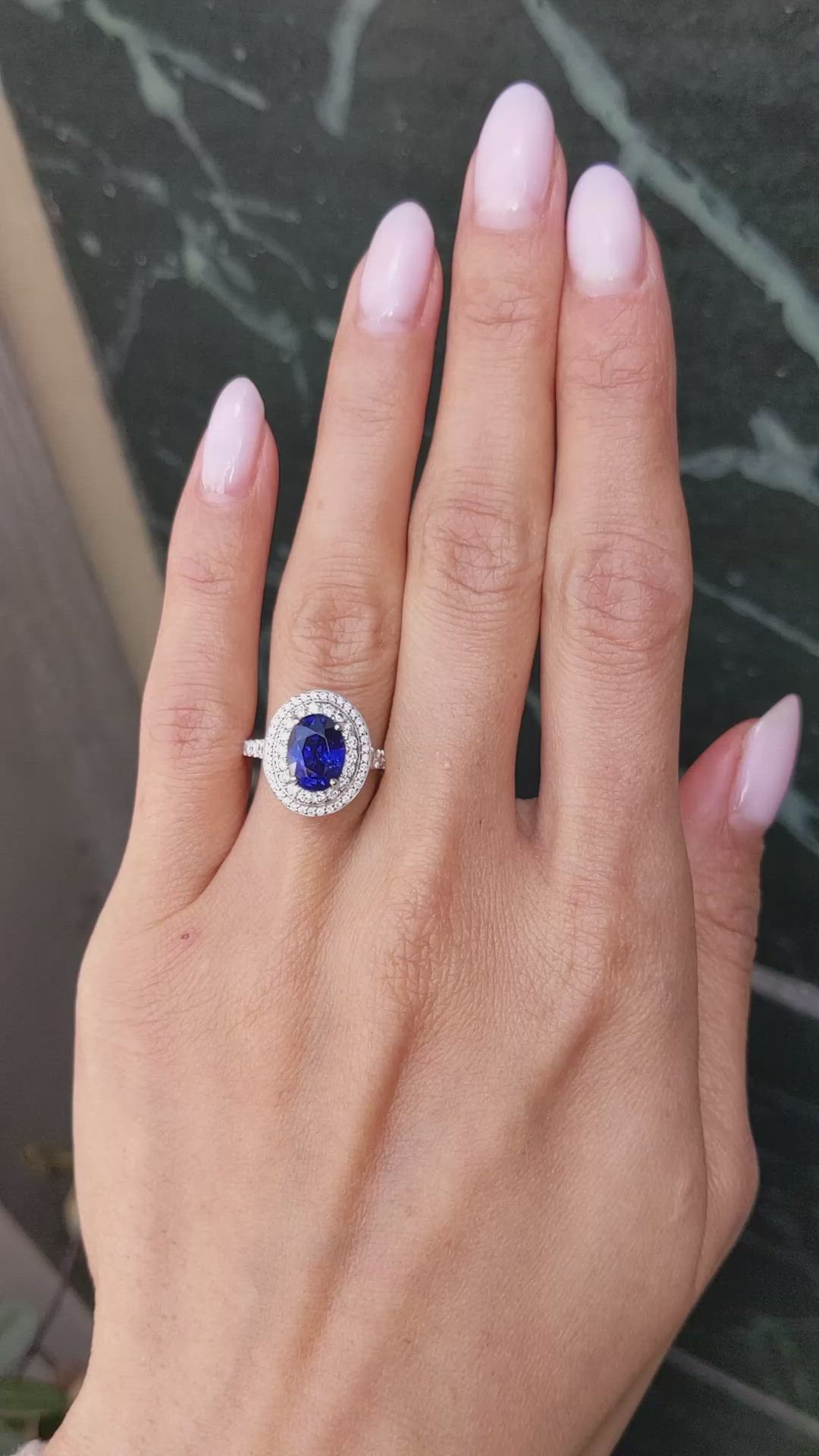 2.40 Ct. Blue Sapphire and Natural Diamond Pave Ring, 18K White Gold Size Video