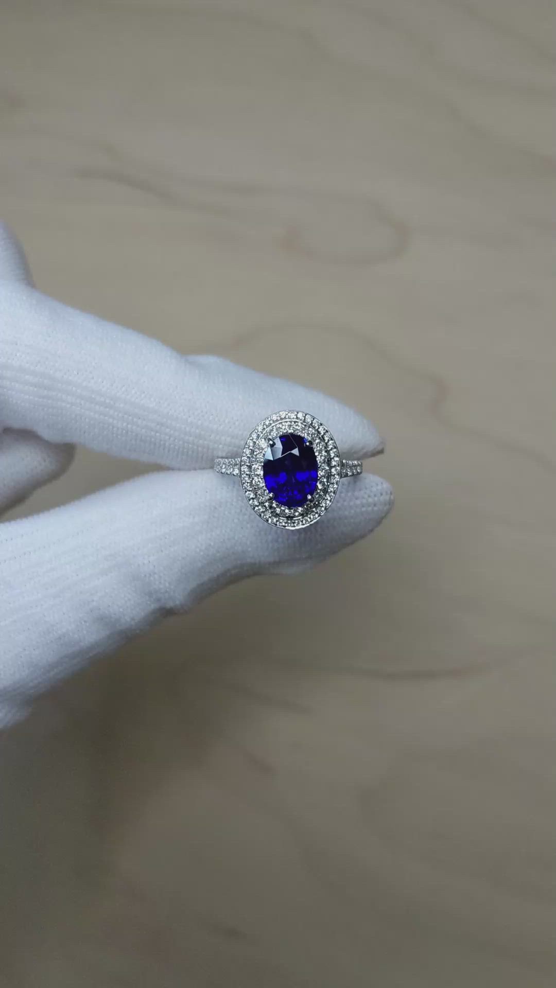 2.40 Ct. Blue Sapphire and Natural Diamond Pave Ring, 18K White Gold Size Video