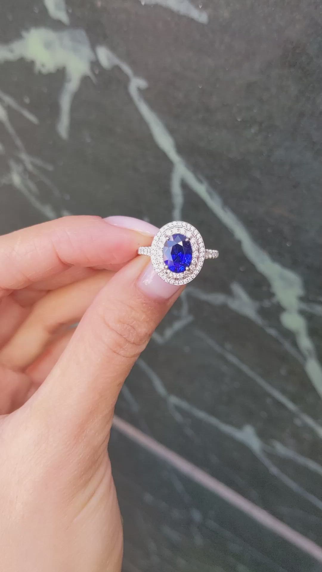 2.40 Ct. Blue Sapphire and Natural Diamond Pave Ring, 18K White Gold Size Video