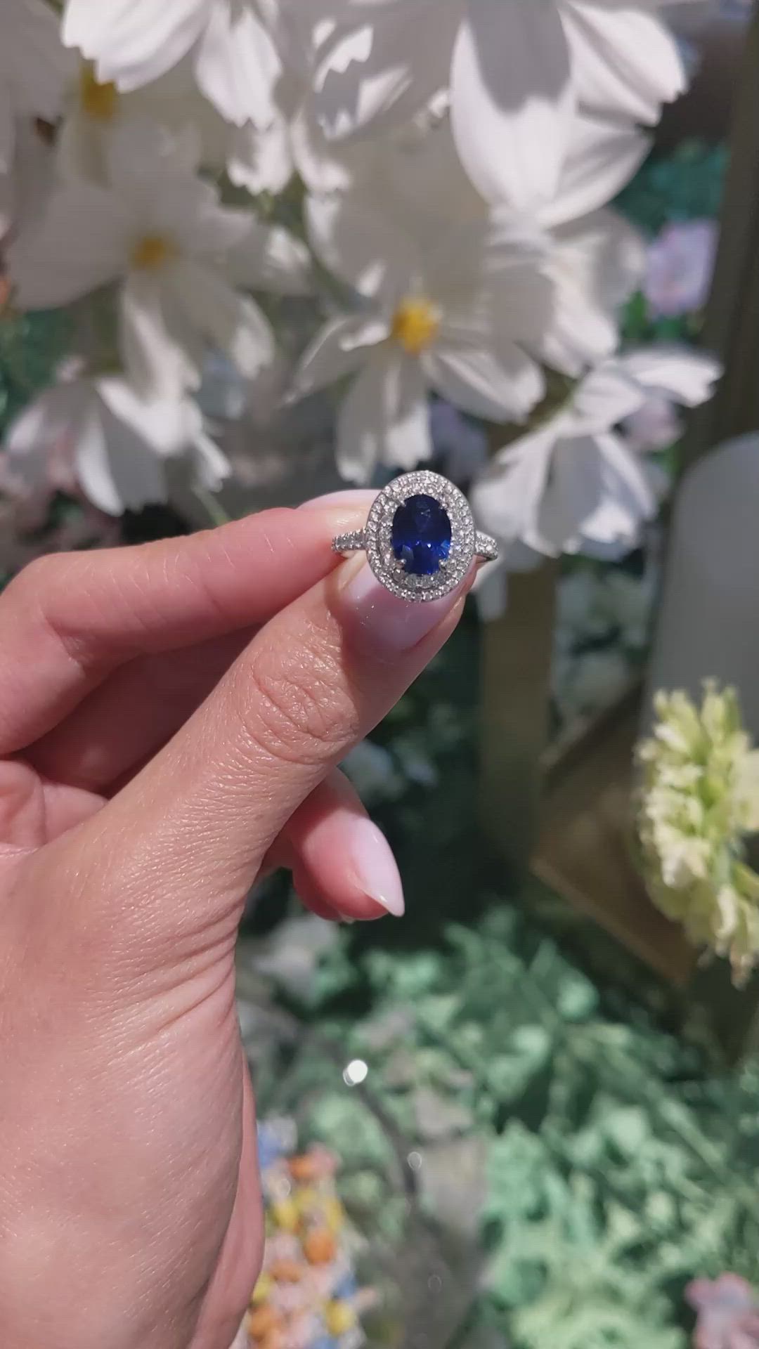 2.40 Ct. Blue Sapphire and Natural Diamond Pave Ring, 18K White Gold Size Video