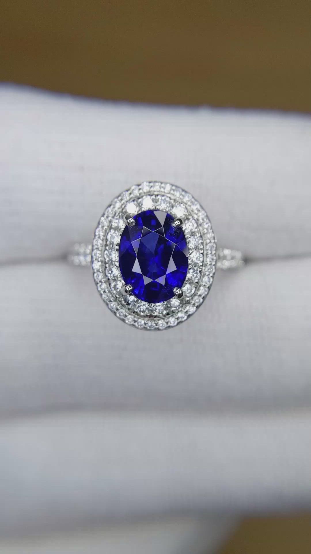 2.40 Ct. Blue Sapphire and Natural Diamond Pave Ring, 18K White Gold Size Video