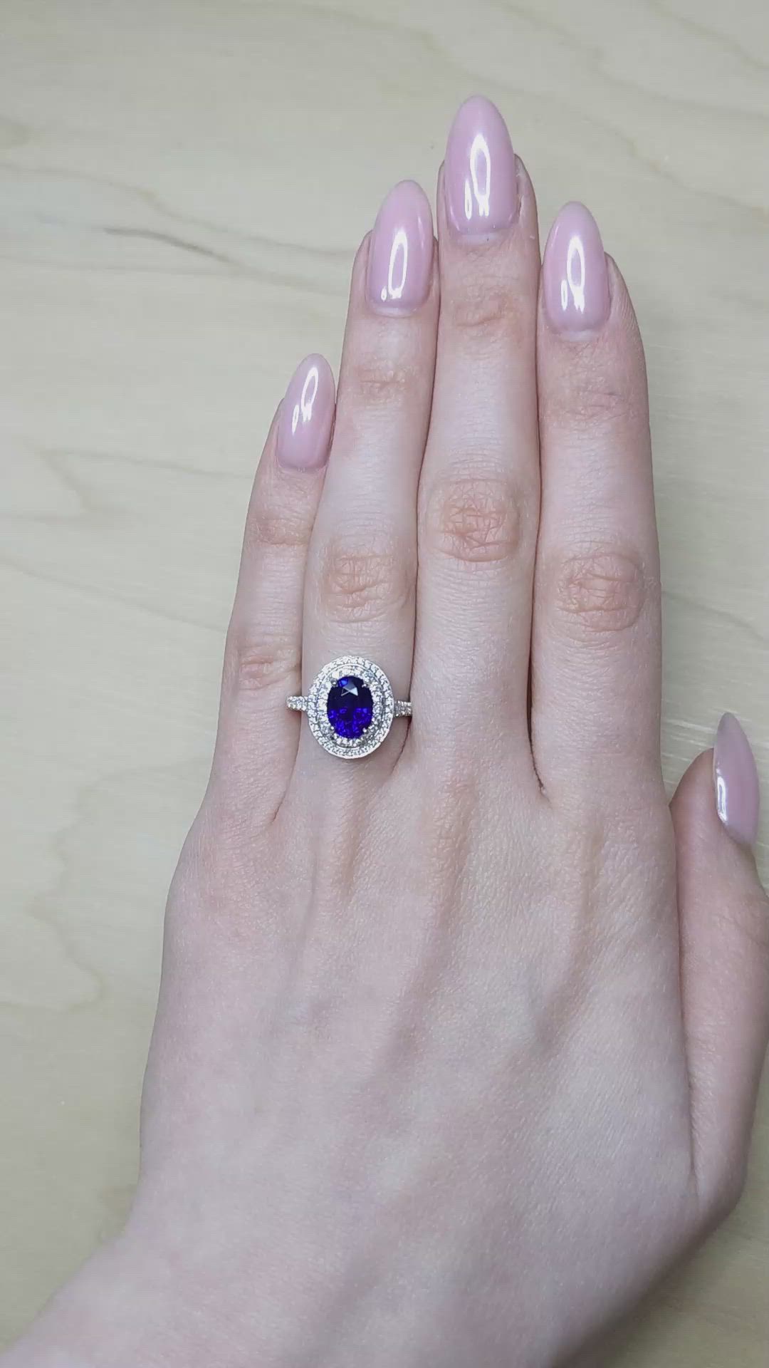 2.40 Ct. Blue Sapphire and Natural Diamond Pave Ring, 18K White Gold Size Video