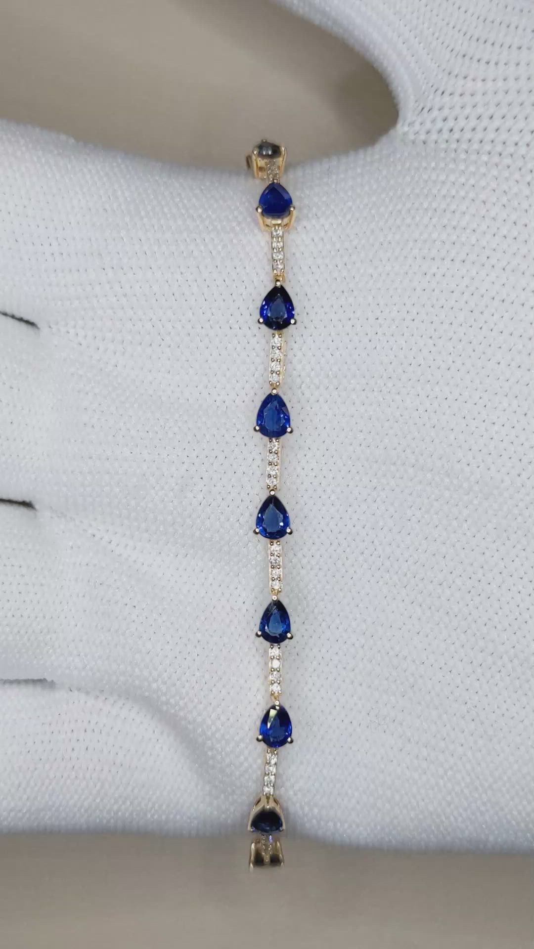 4.05 Ct.Tw.Total Carat Weight Blue Sapphire and Natural Diamond Tennis/Line Bracelet, 18K Yellow Gold Size Video
