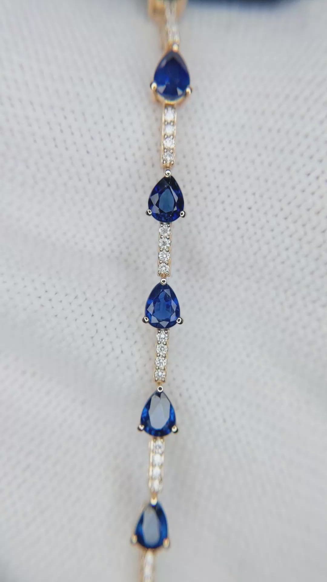4.05 Ct.Tw.Total Carat Weight Blue Sapphire and Natural Diamond Tennis/Line Bracelet, 18K Yellow Gold Size Video