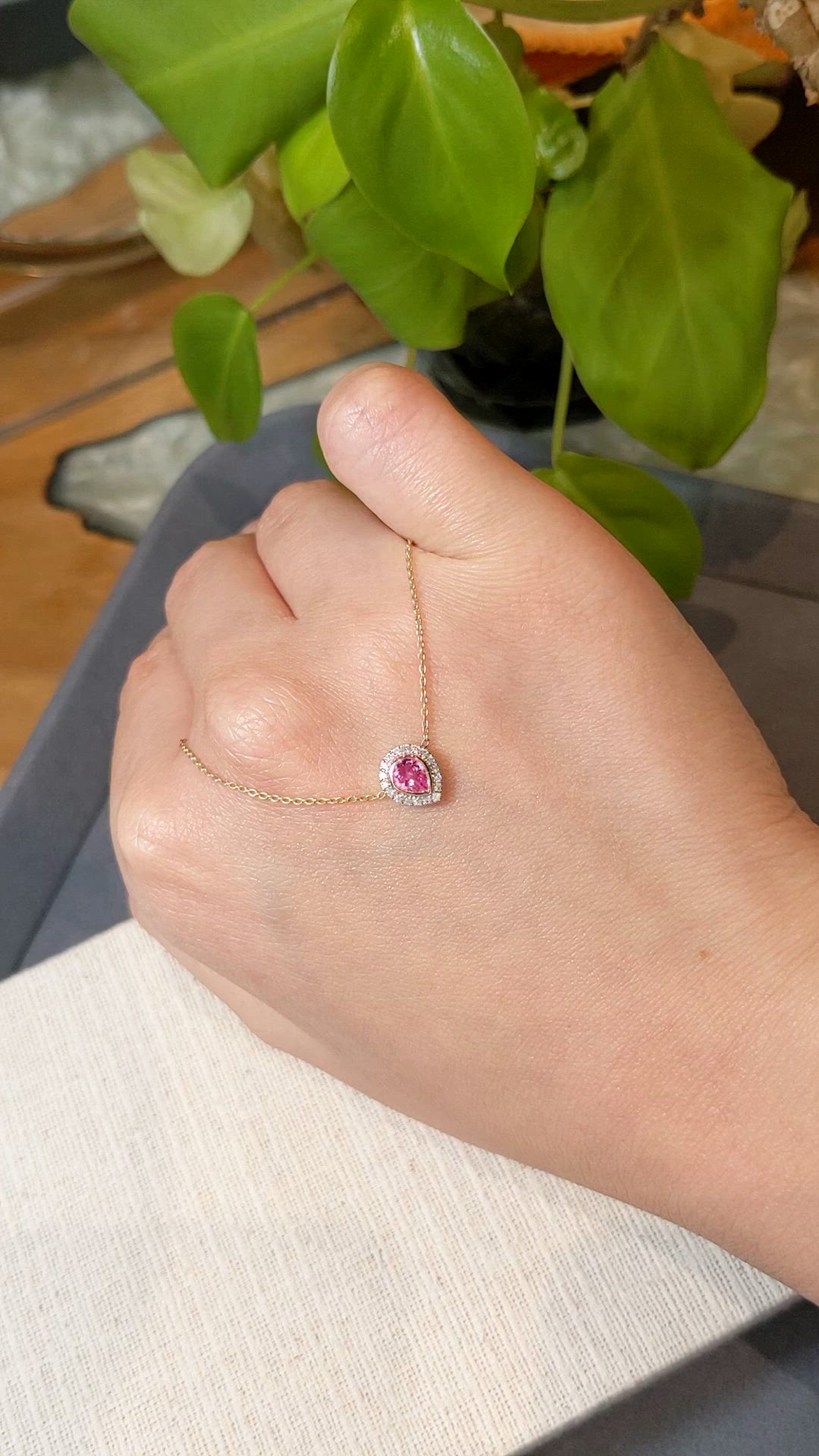 0.36 Ct. Pink Sapphire and Natural Diamond Pave Necklace, 18K Yellow Gold Size Video