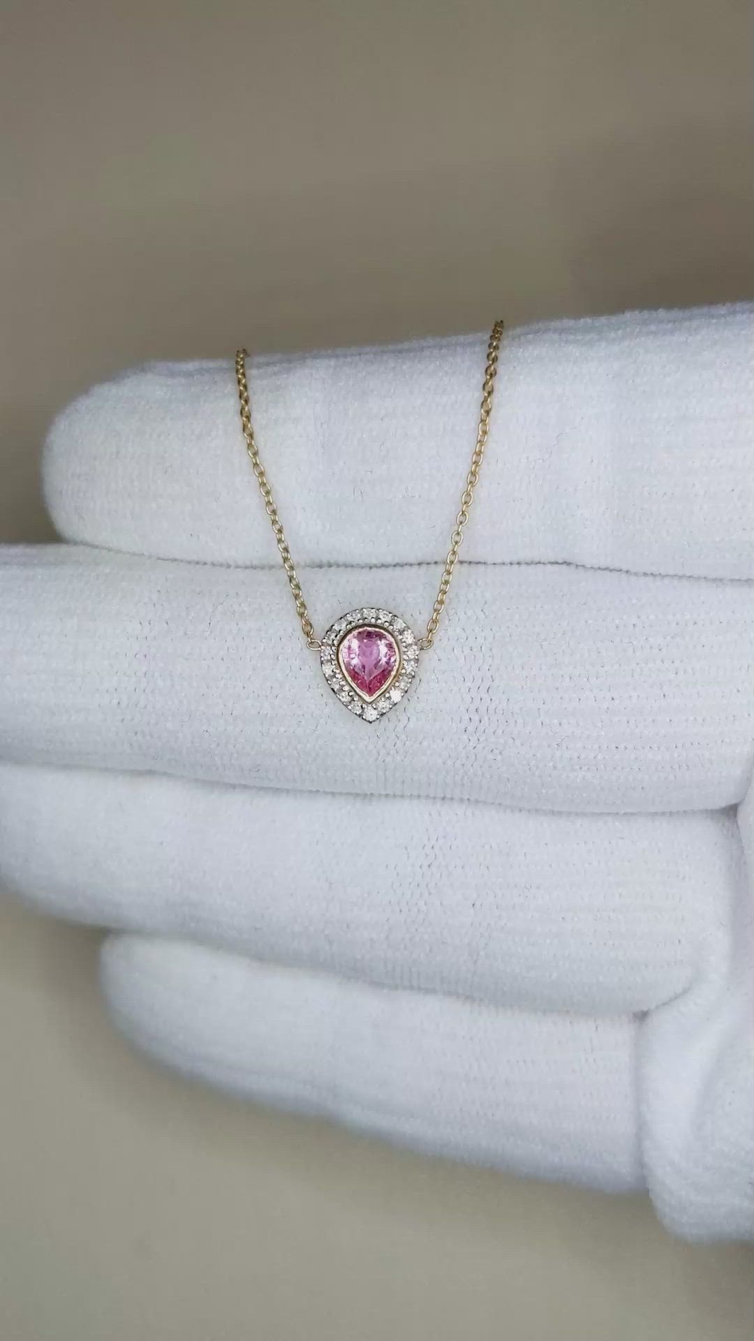 0.36 Ct. Pink Sapphire and Natural Diamond Pave Necklace, 18K Yellow Gold Size Video