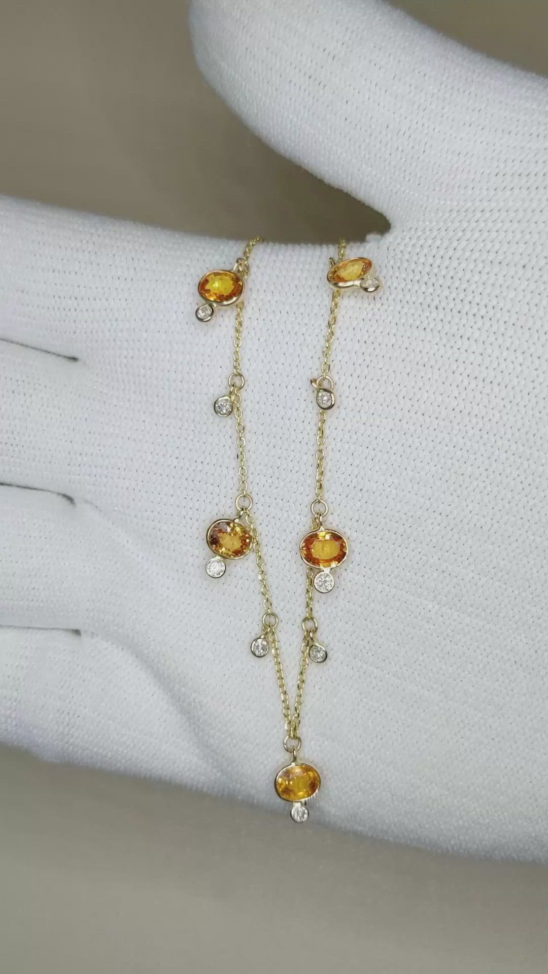 4.40 Ct. Orange Sapphire and Natural Diamond Bezel Necklace, 14K Yellow Gold Size Video