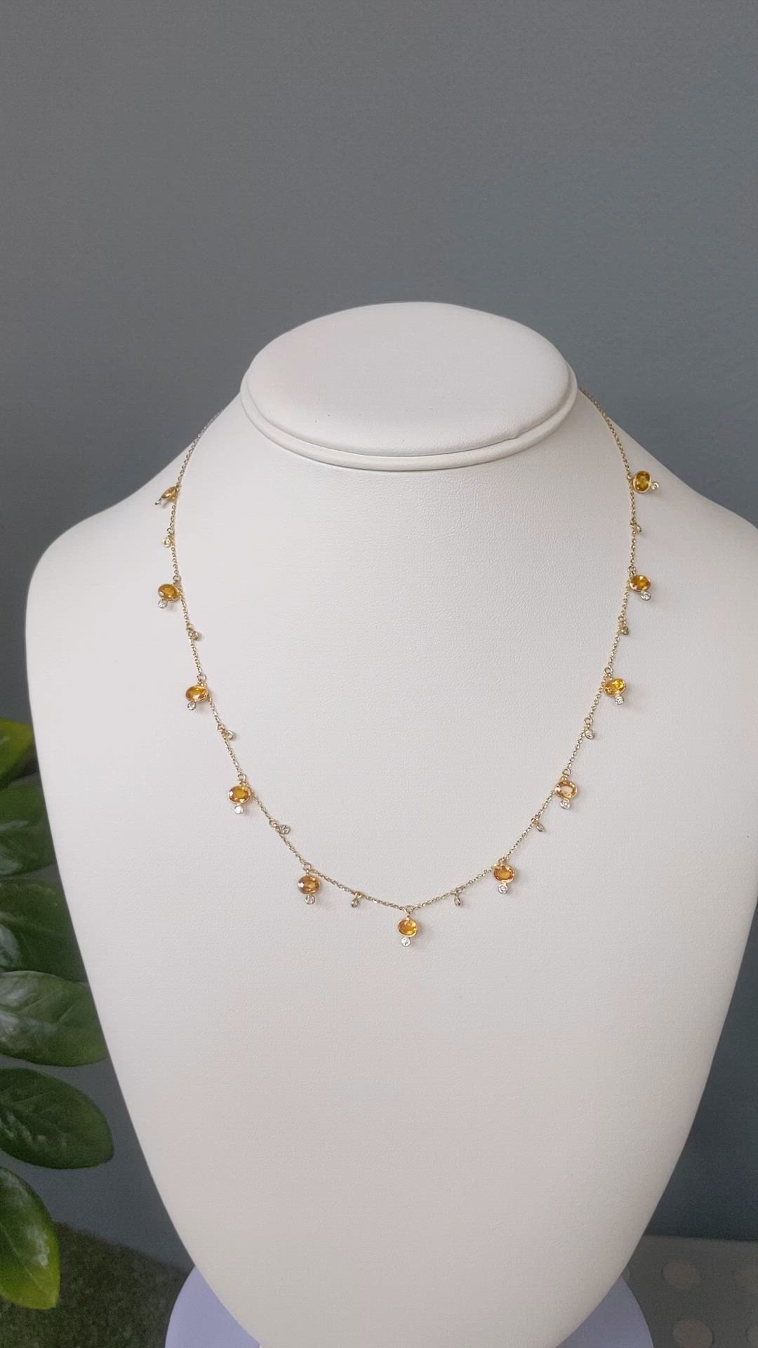 4.40 Ct. Orange Sapphire and Natural Diamond Bezel Necklace, 14K Yellow Gold Size Video