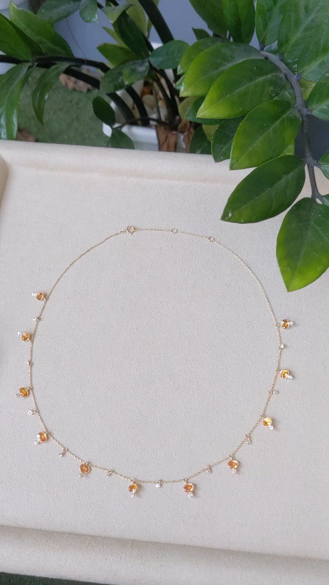 4.40 Ct. Orange Sapphire and Natural Diamond Bezel Necklace, 14K Yellow Gold Size Video