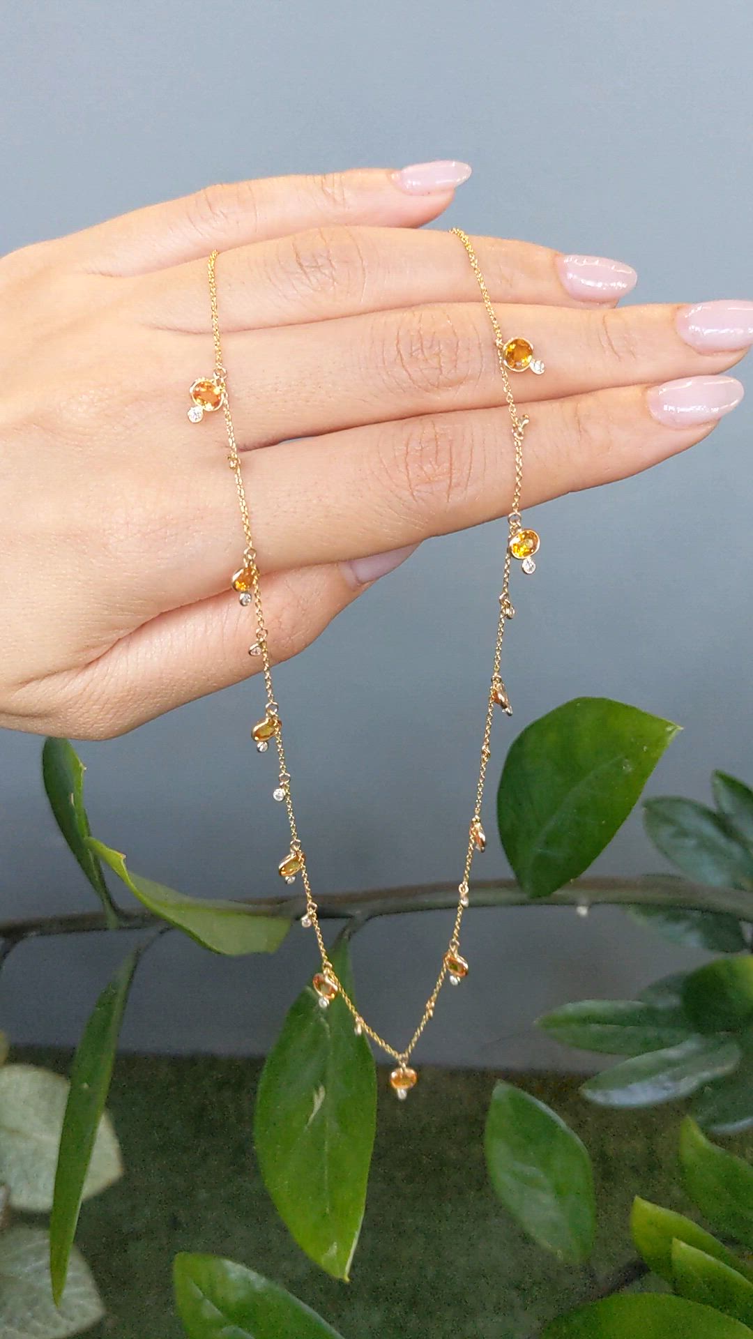 4.40 Ct. Orange Sapphire and Natural Diamond Bezel Necklace, 14K Yellow Gold Size Video