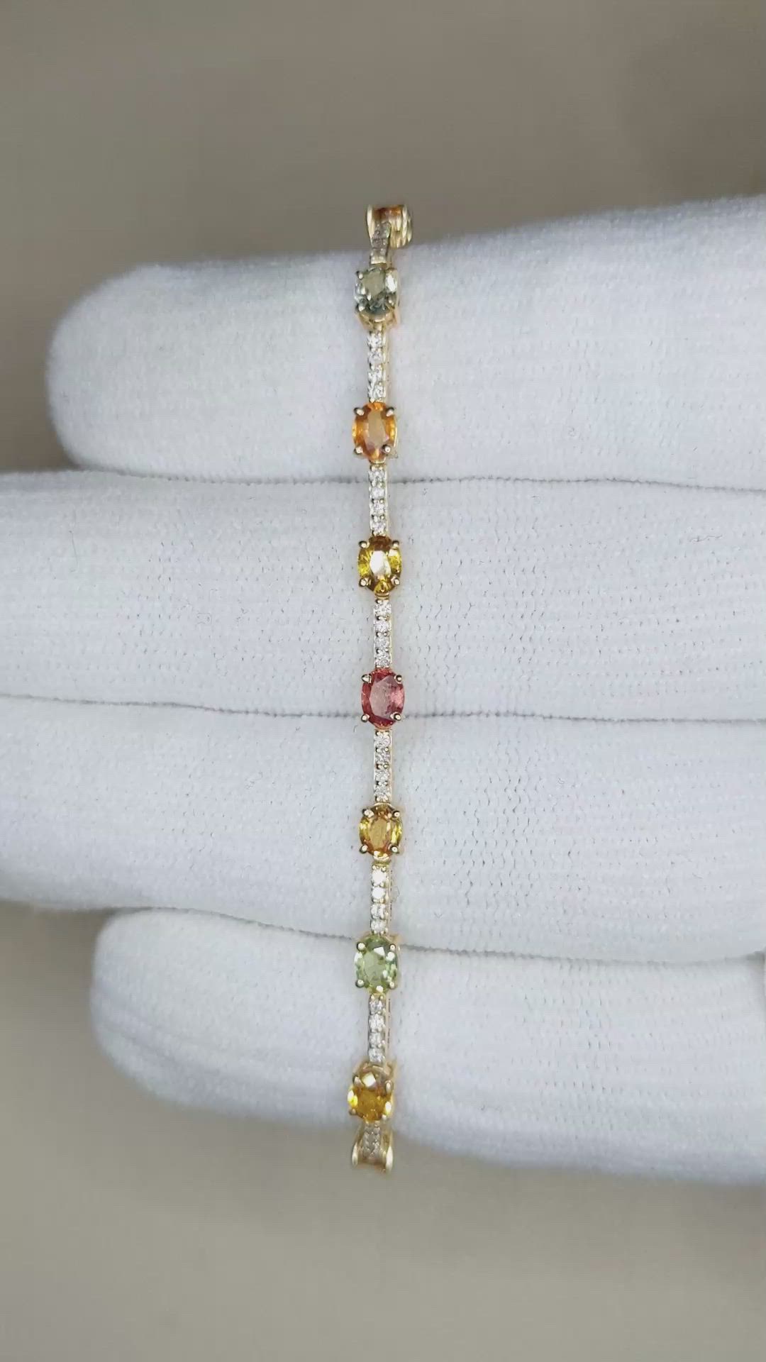 3.61 Ct.Tw.Total Carat Weight Multi Color Sapphire and Natural Diamond Tennis/Line Bracelet, 18K Yellow Gold Size Video