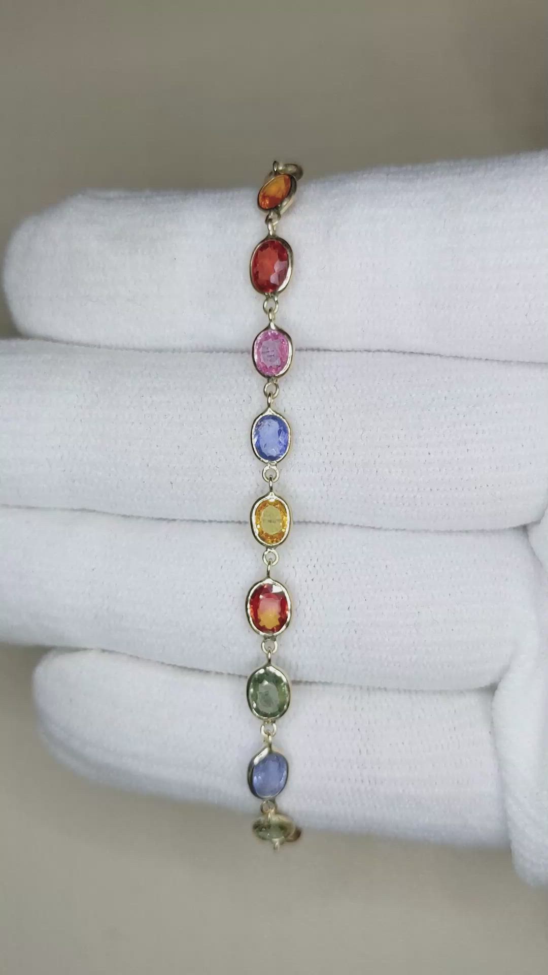 8.07 Ct.Tw.Total Carat Weight Multi Color Sapphire Tennis/Line Bracelet, 14K Yellow Gold Size Video