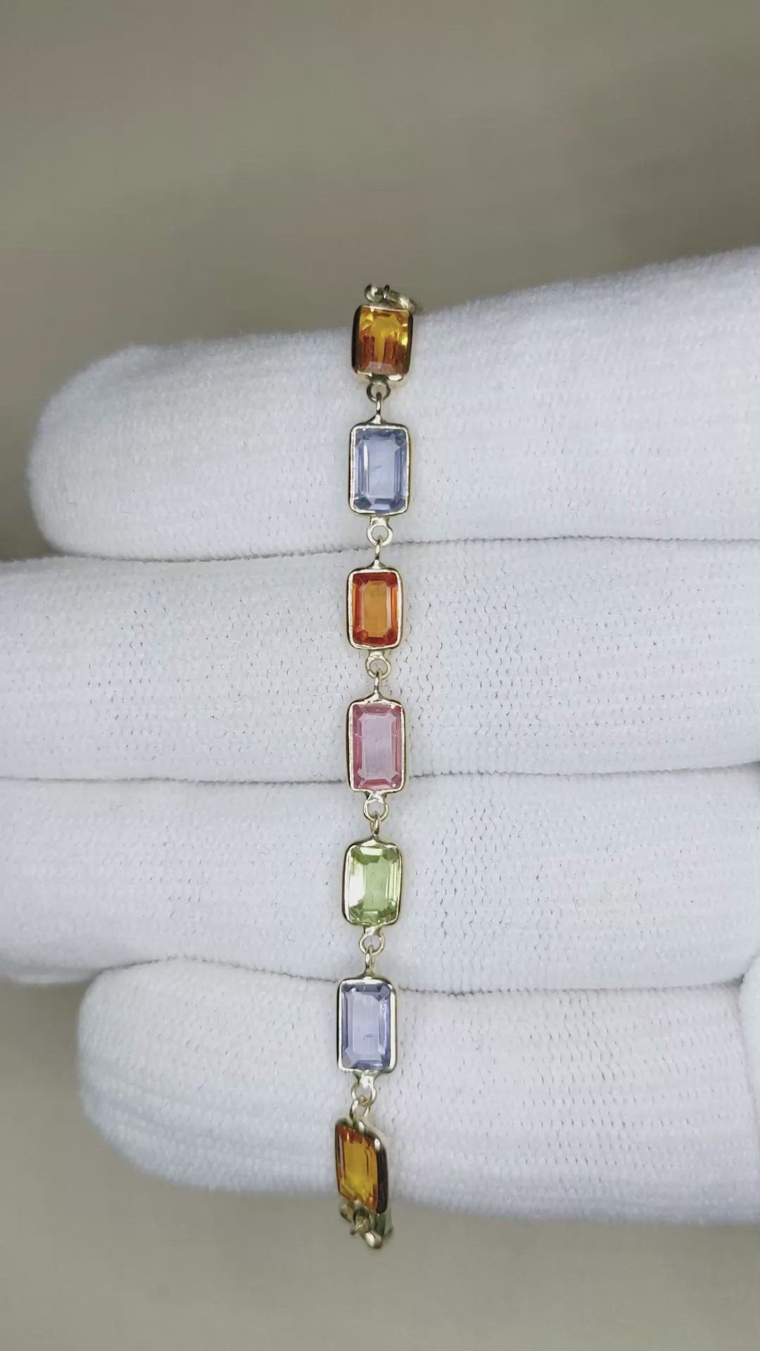 9.16&nbsp;Ct.Tw.Total Carat Weight Multi Color Sapphire Tennis/Line Bracelet, 14K Yellow Gold Size Video