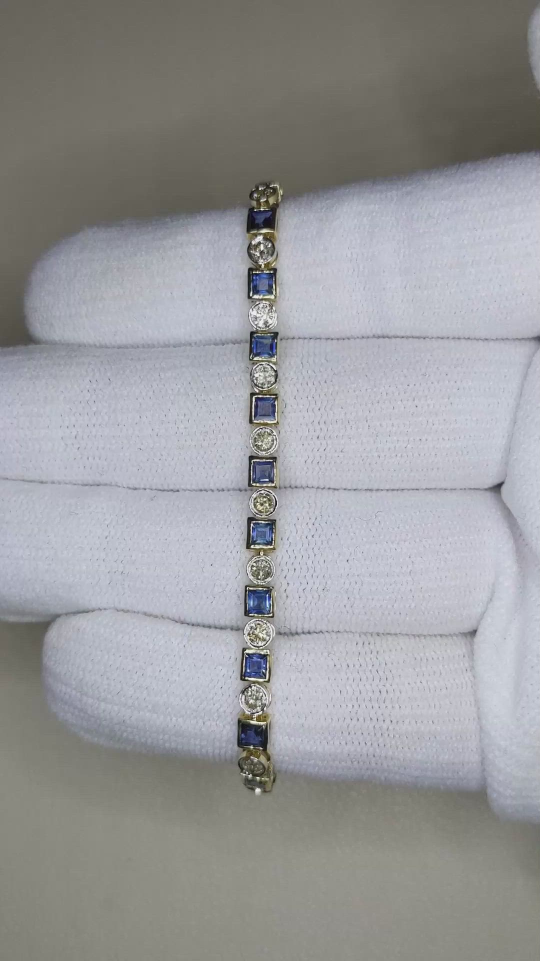 3.42&nbsp;Ct.Tw.Total Carat Weight Blue Sapphire and Natural Diamond Tennis/Line Bracelet, 14K Yellow Gold Size Video