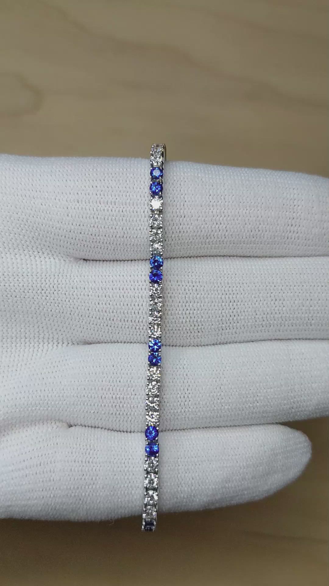 5.06&nbsp;Ct.Tw.Total Carat Weight Natural Diamond and Blue Sapphire Tennis/Line Bracelet, 18K White Gold Size Video