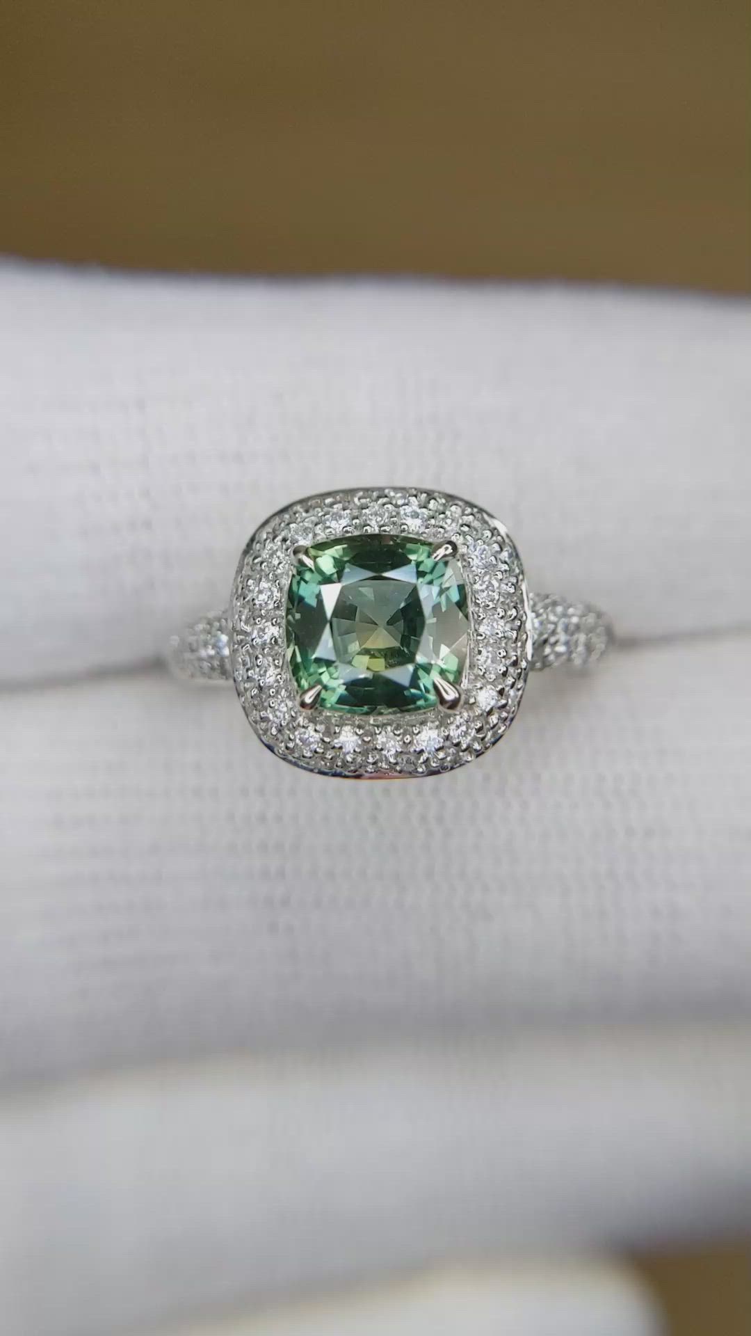 2.03 Ct. Bluish Green Sapphire and Natural Diamond Pave Ring, 18K White Gold Size Video