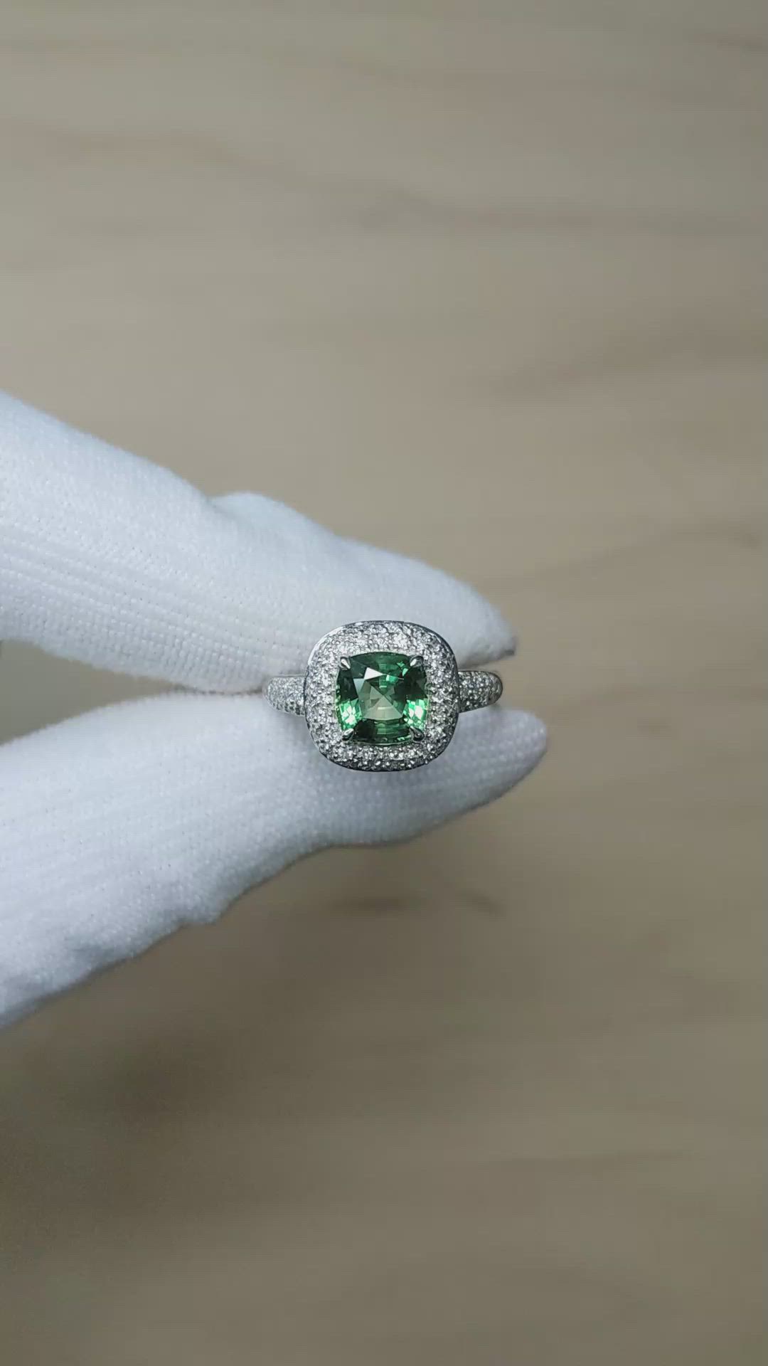 2.03 Ct. Bluish Green Sapphire and Natural Diamond Pave Ring, 18K White Gold Size Video