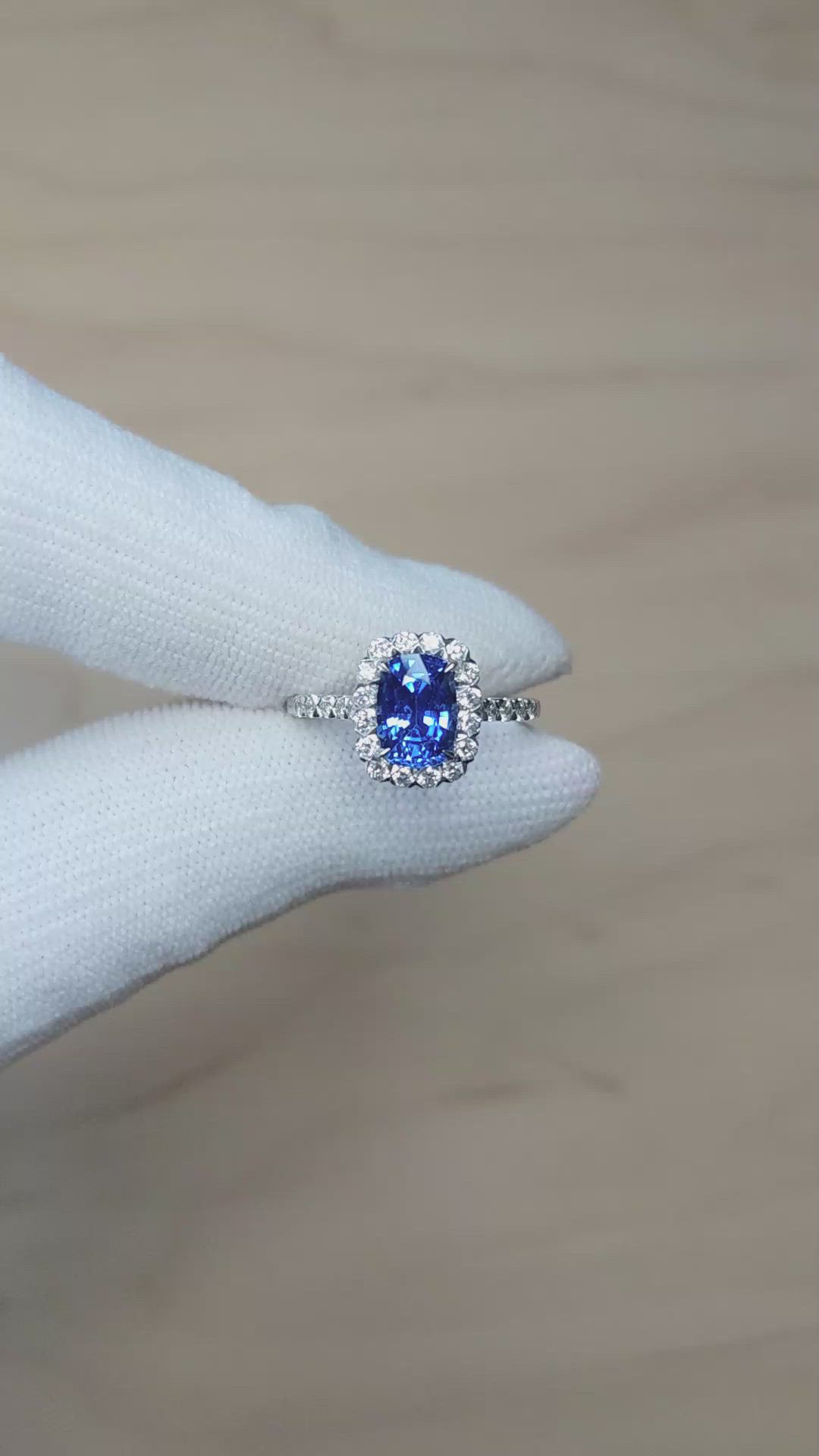 1.74 Ct. Blue Sapphire and Natural Diamond Pave Ring, 18K White Gold Size Video