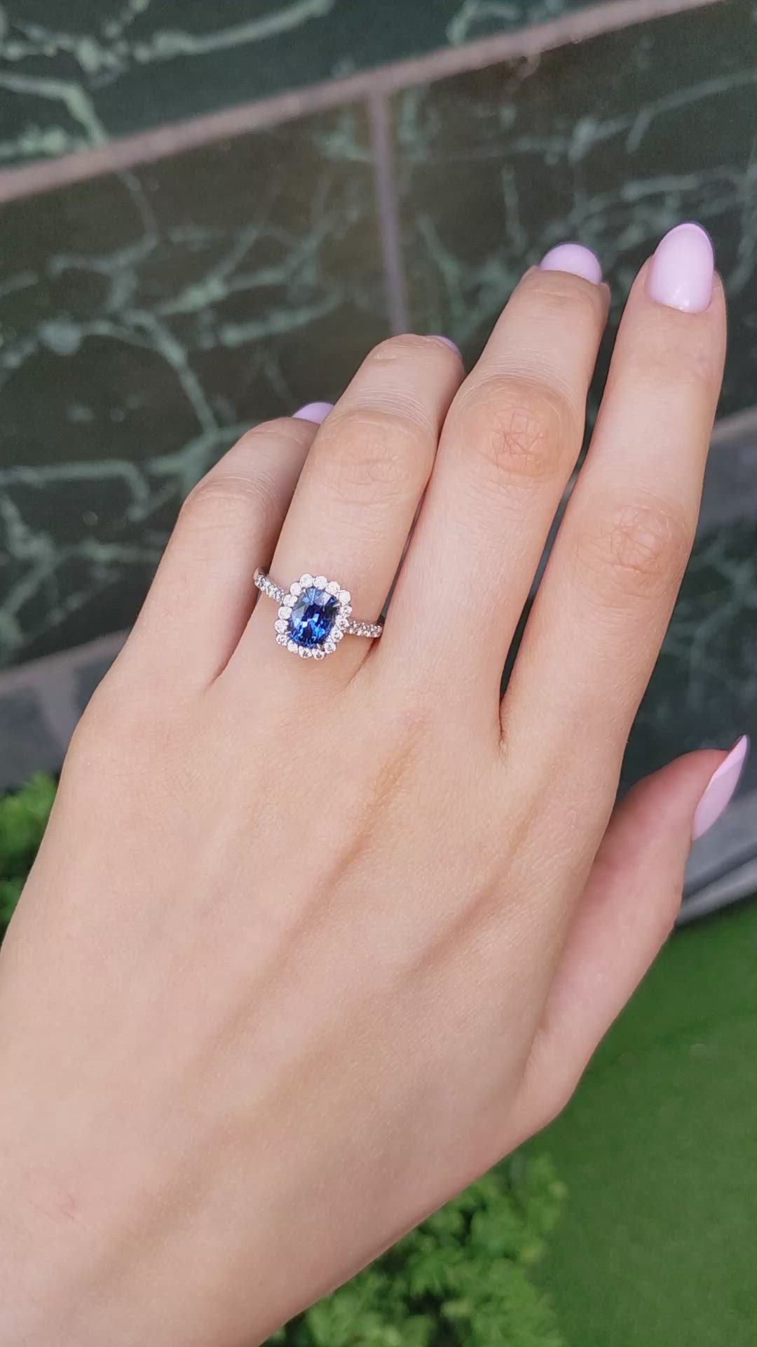 1.74 Ct. Blue Sapphire and Natural Diamond Pave Ring, 18K White Gold Size Video