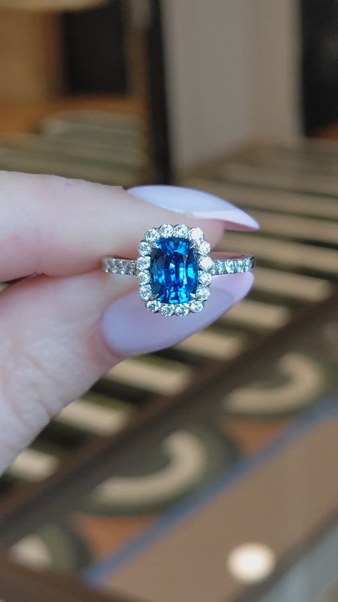 1.74 Ct. Blue Sapphire and Natural Diamond Pave Ring, 18K White Gold Size Video