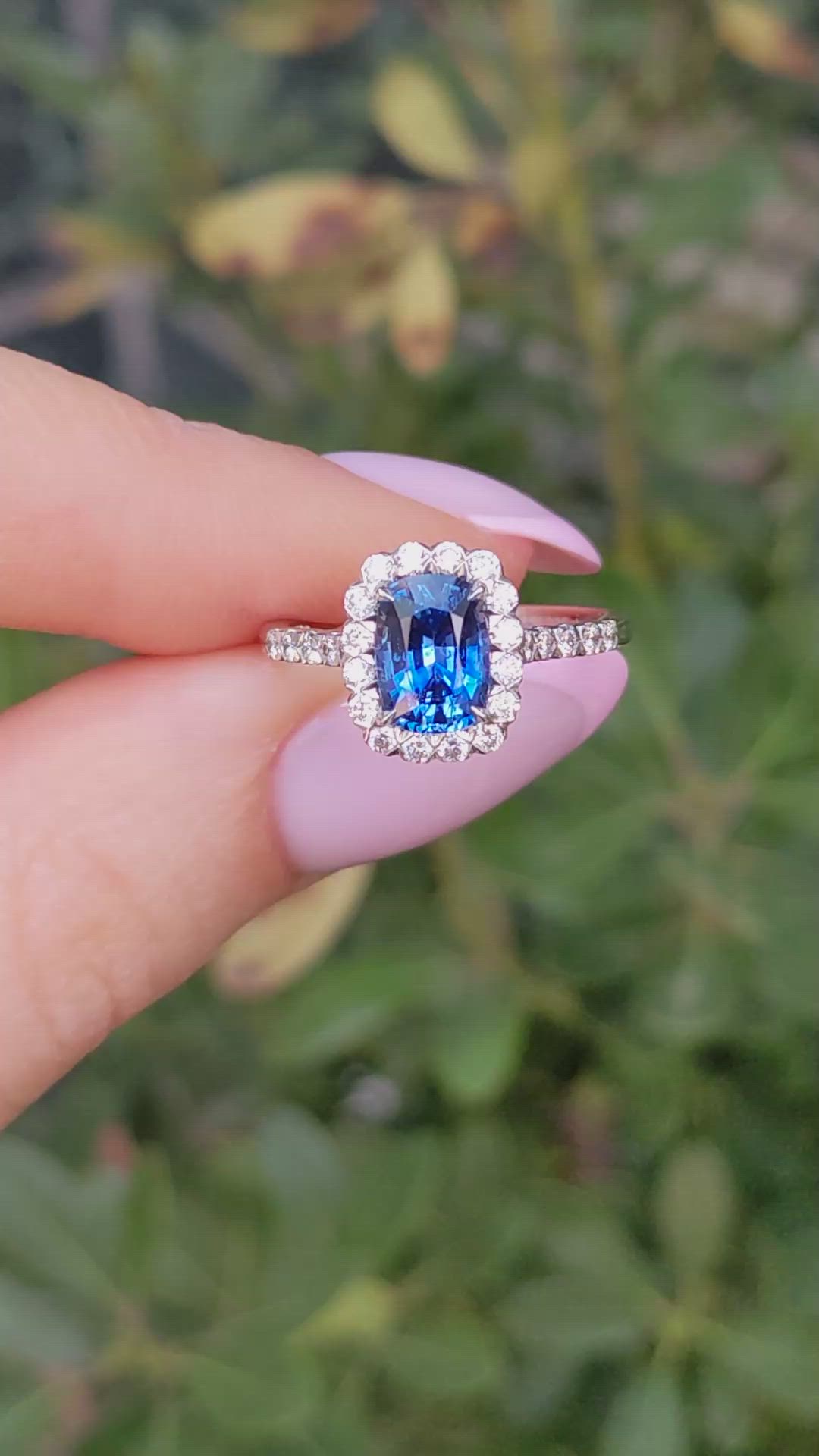 1.74 Ct. Blue Sapphire and Natural Diamond Pave Ring, 18K White Gold Size Video