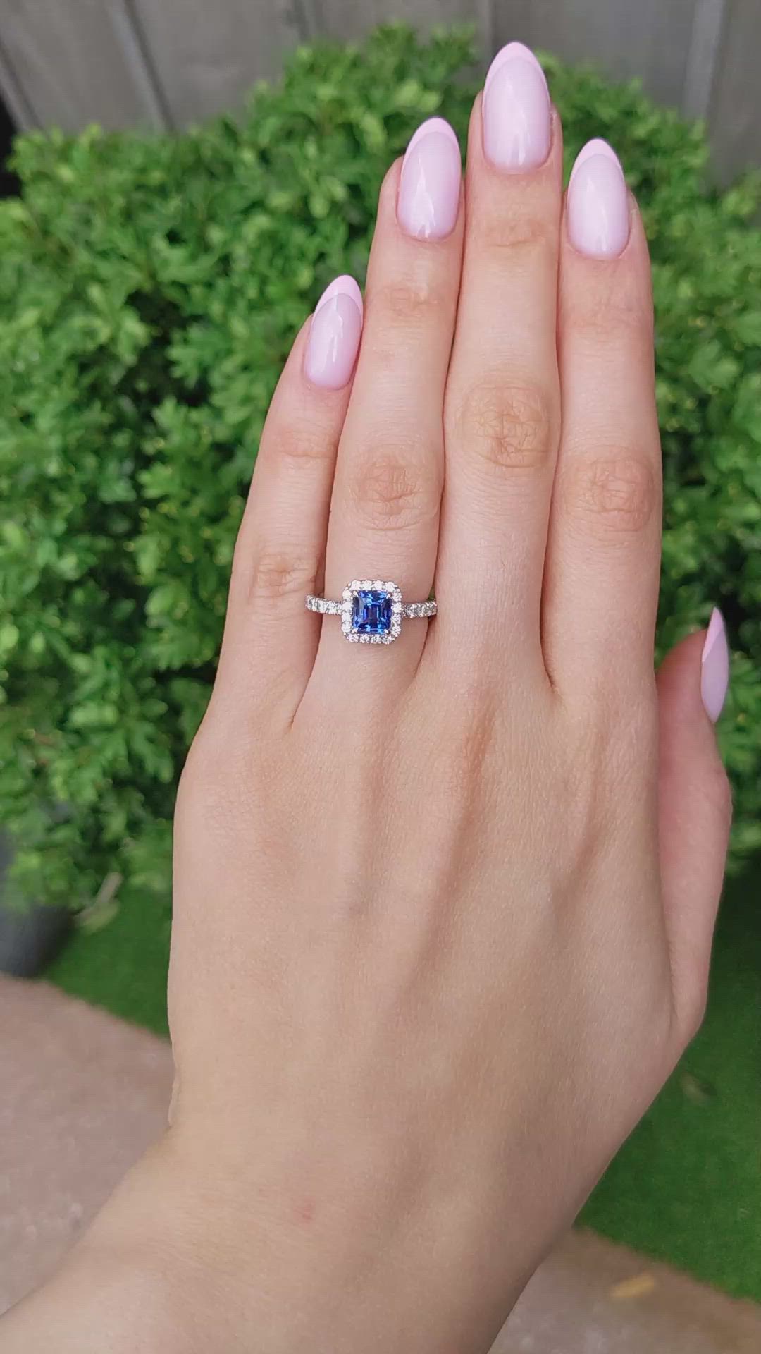 1.55 Ct. Blue Sapphire and Natural Diamond Pave Ring, 18K White Gold Size Video