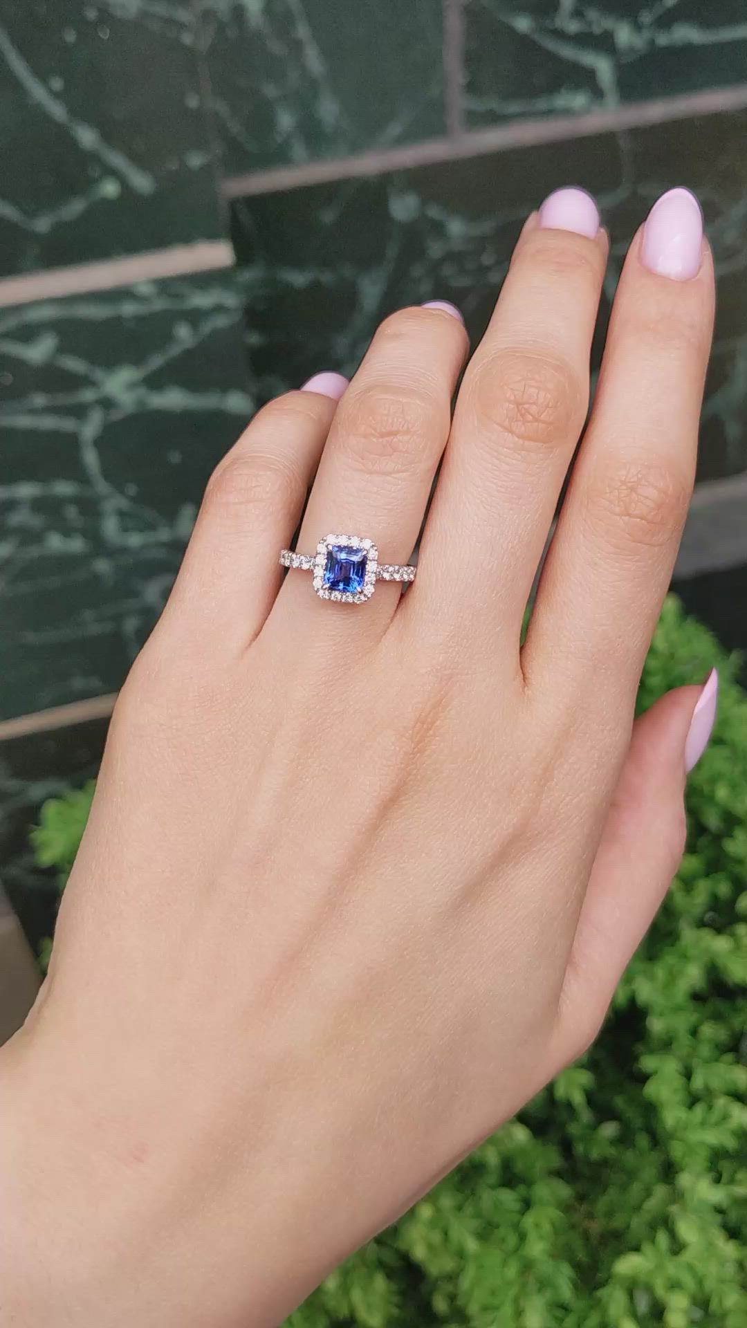 1.55 Ct. Blue Sapphire and Natural Diamond Pave Ring, 18K White Gold Size Video