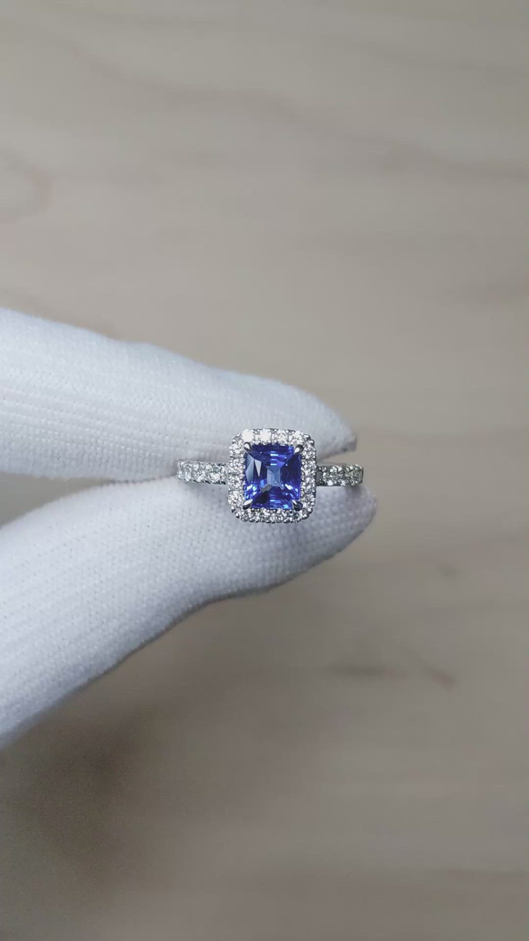 1.55 Ct. Blue Sapphire and Natural Diamond Pave Ring, 18K White Gold Size Video