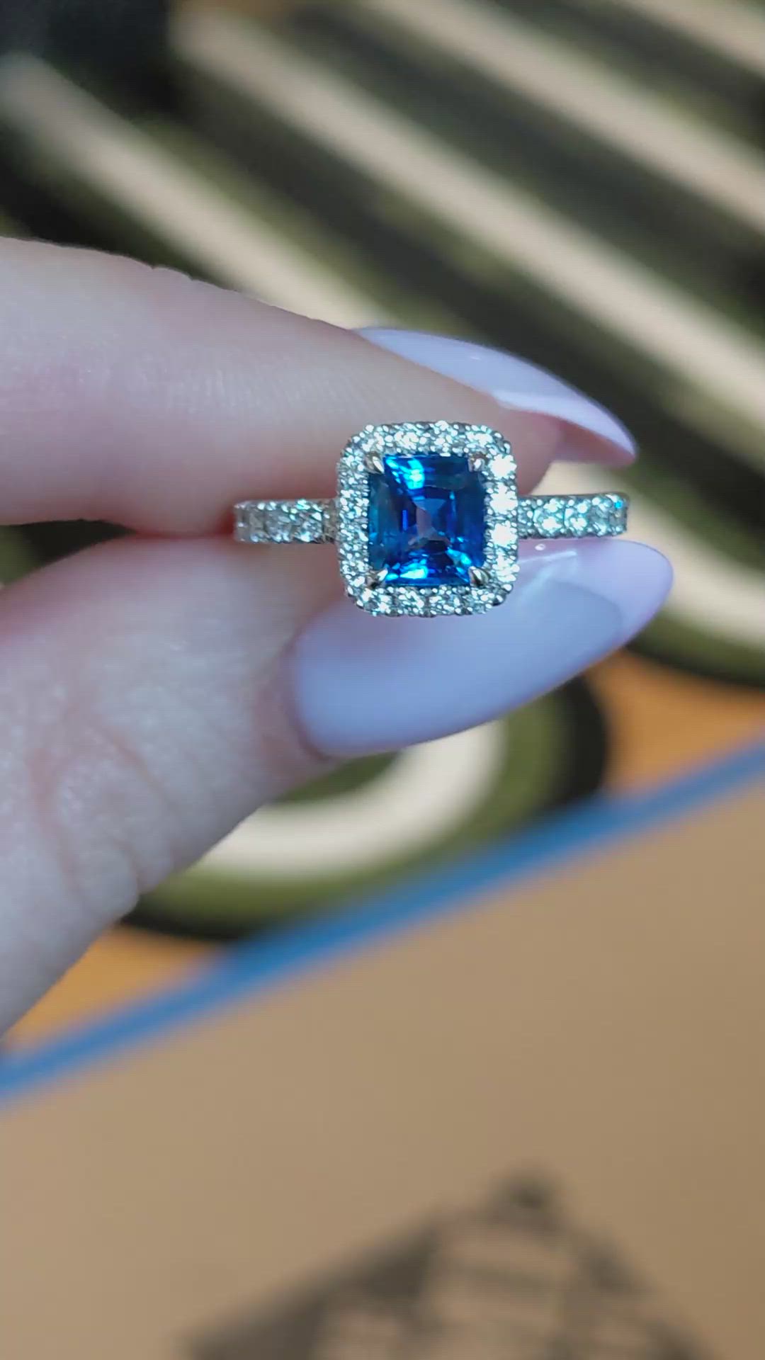 1.55 Ct. Blue Sapphire and Natural Diamond Pave Ring, 18K White Gold Size Video