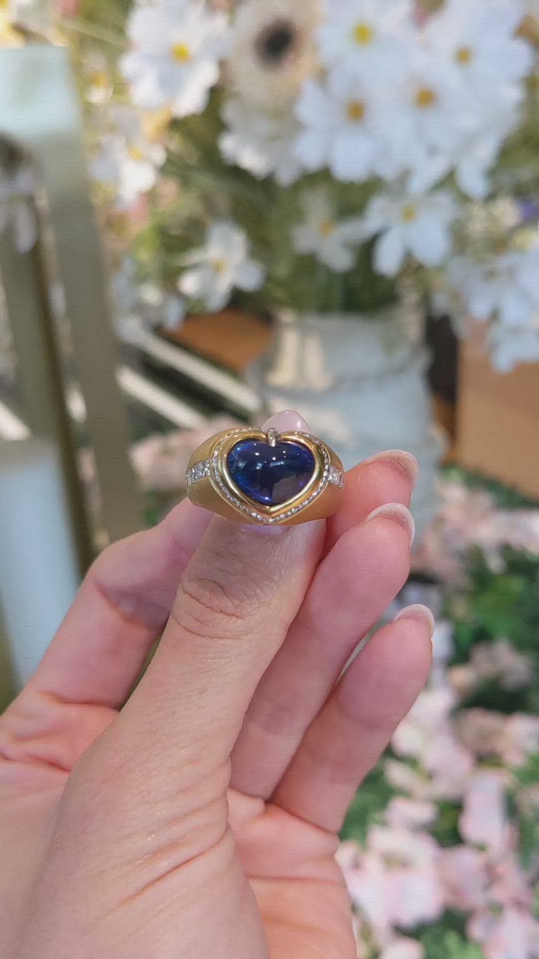 5.96 Ct. Blue Sapphire and Natural Diamond Pave Ring, 18K Yellow Gold Size Video
