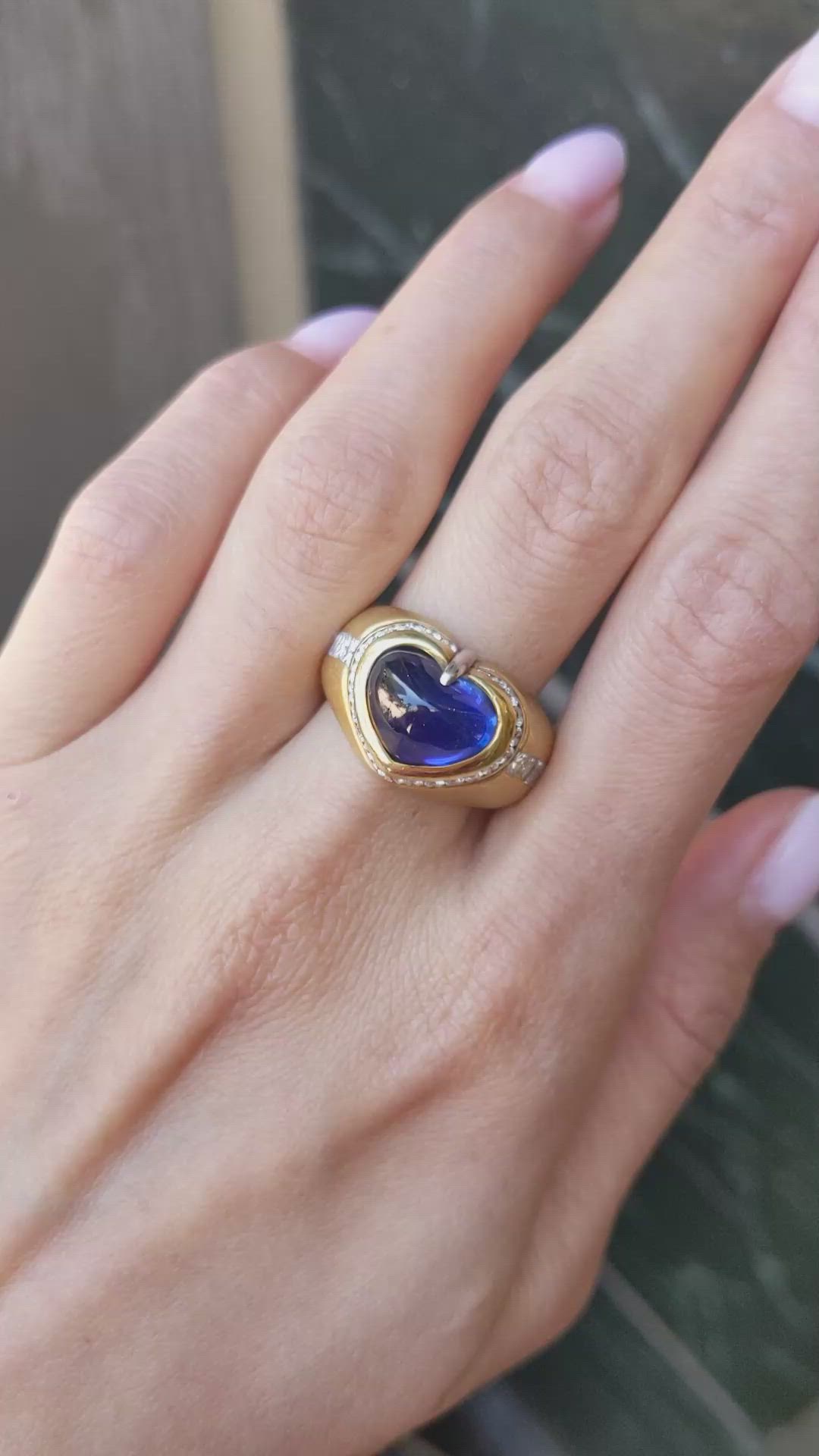 5.96 Ct. Blue Sapphire and Natural Diamond Pave Ring, 18K Yellow Gold Size Video