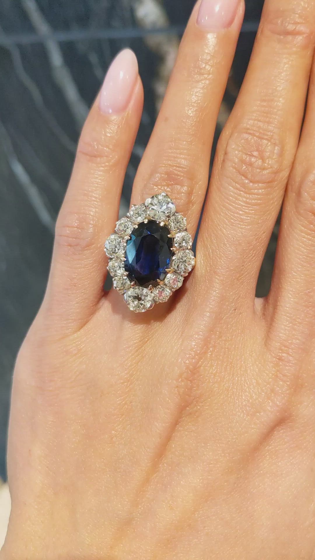 10.04 Ct. Blue Sapphire and Natural Diamond Antique Style Ring, 14K Yellow & White Size Video