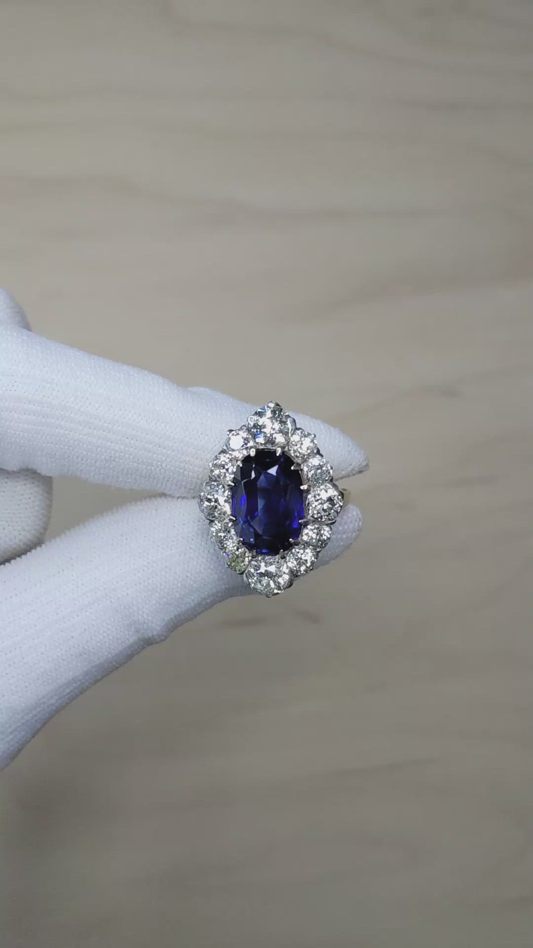 10.04 Ct. Blue Sapphire and Natural Diamond Antique Style Ring, 14K Yellow & White Size Video