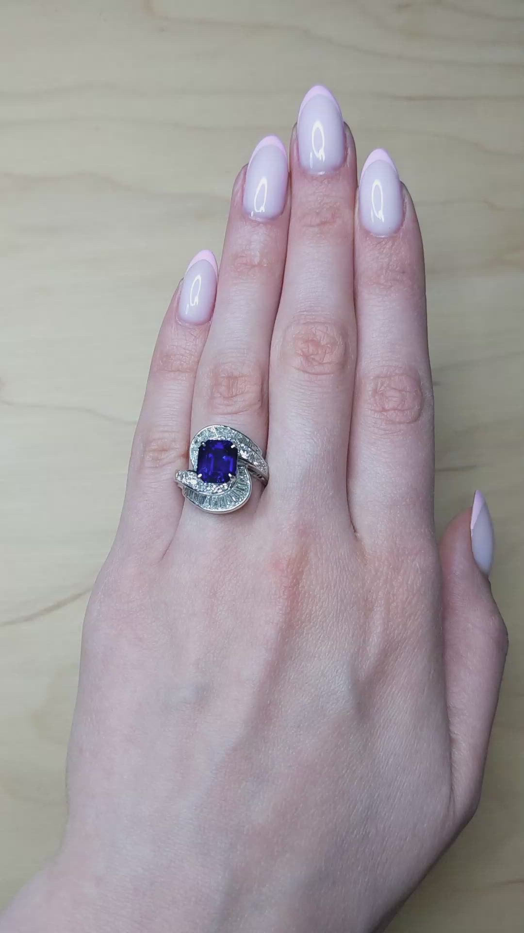3.50 Ct. Blue Sapphire and Natural Diamond Pave Ring, Platinum 950 Size Video