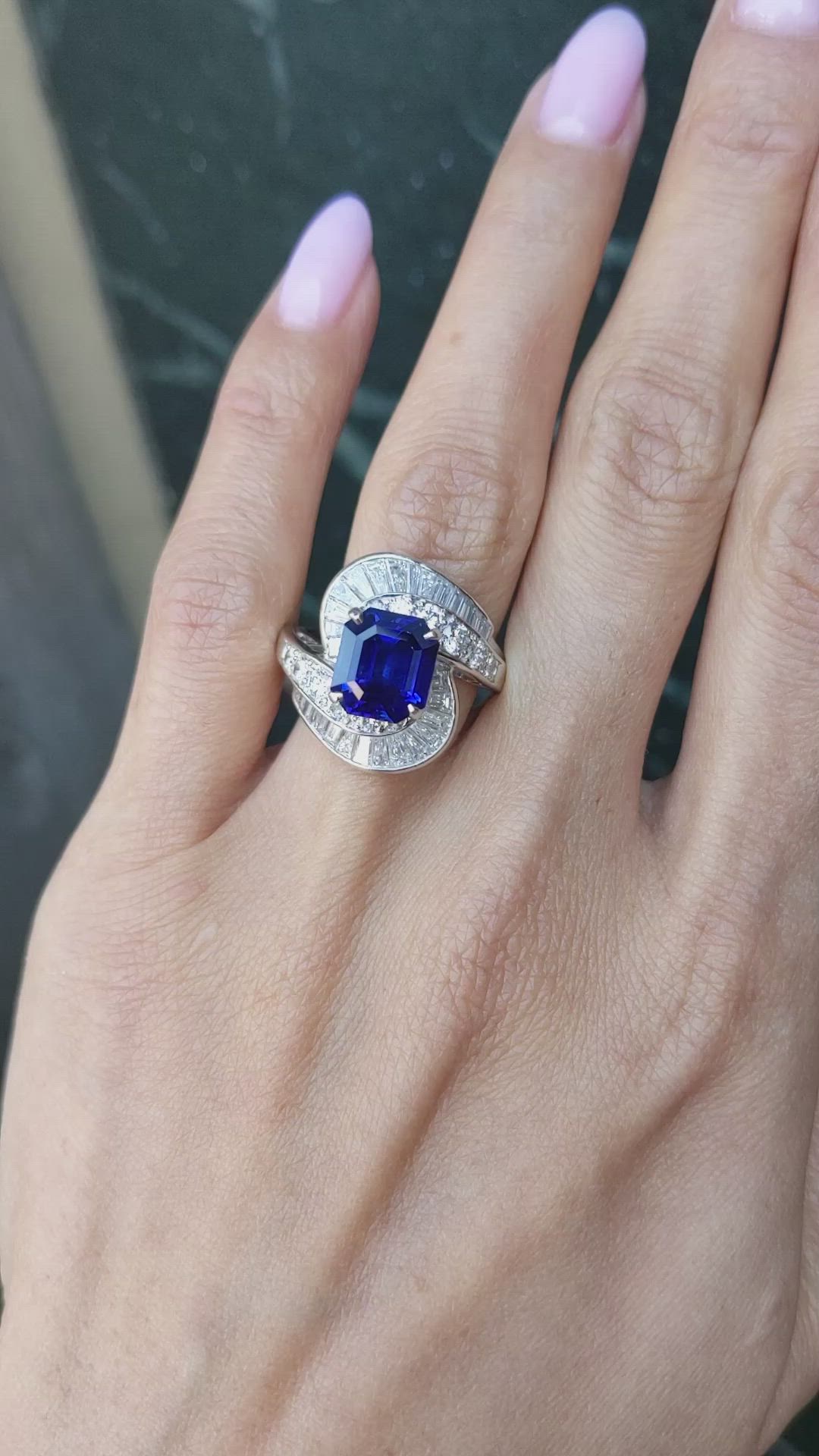 3.50 Ct. Blue Sapphire and Natural Diamond Pave Ring, Platinum 950 Size Video