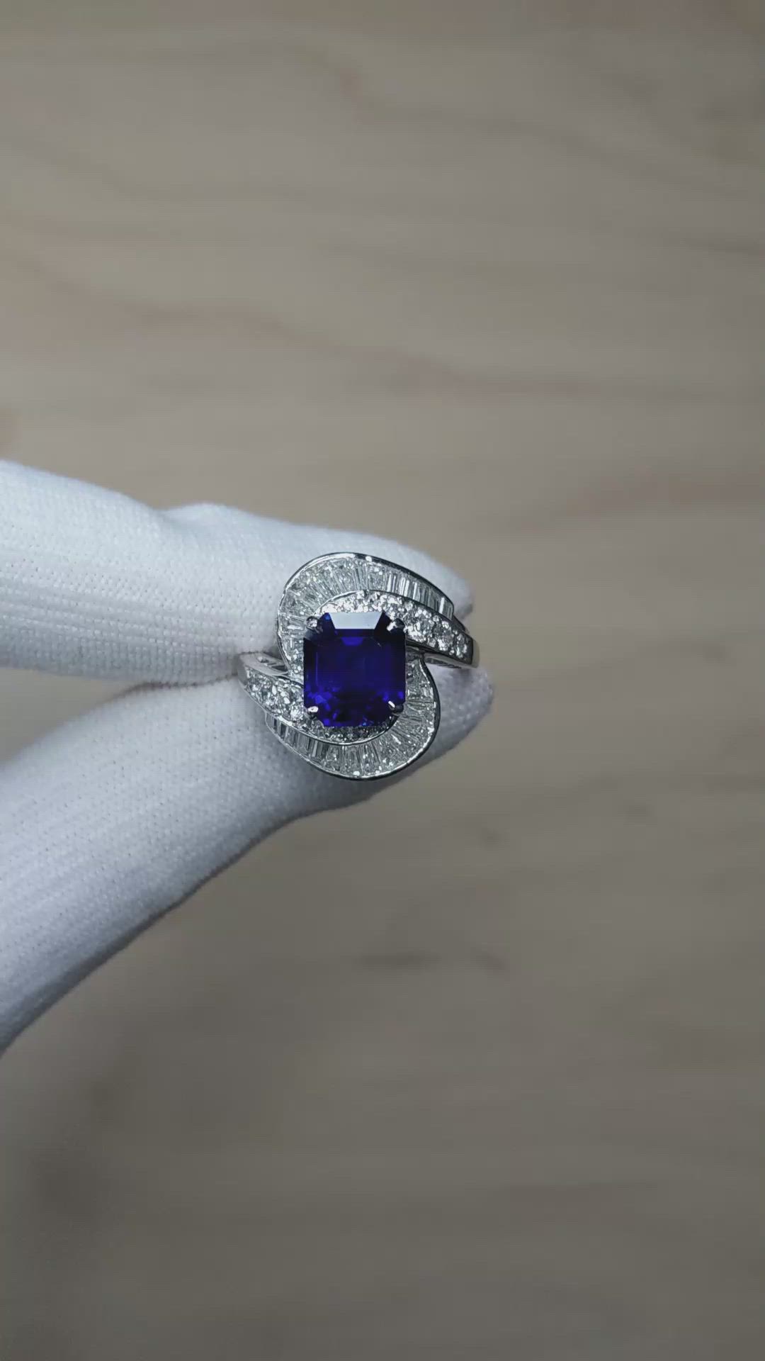 3.50 Ct. Blue Sapphire and Natural Diamond Pave Ring, Platinum 950 Size Video