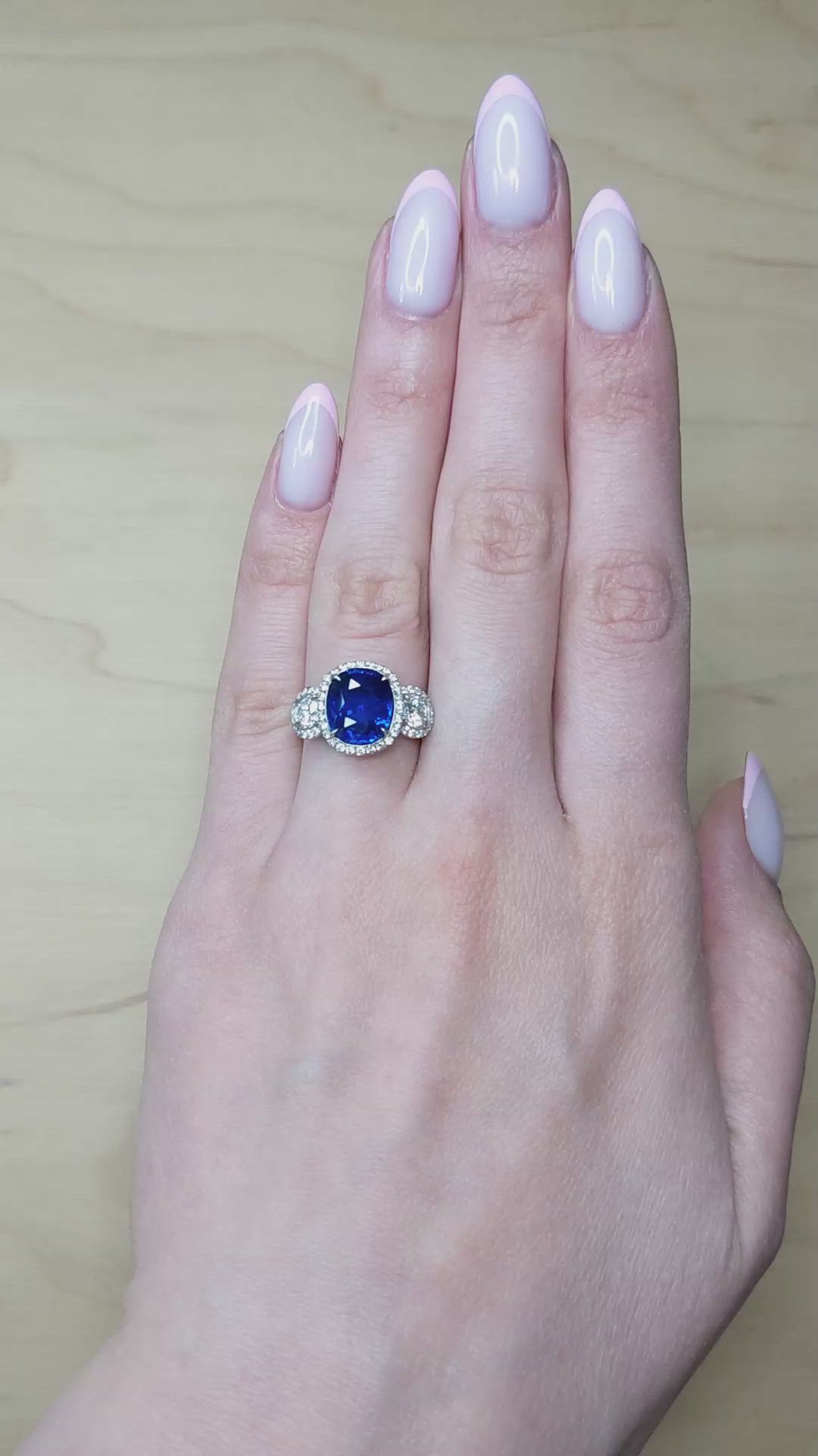 3.75 Ct. Blue Sapphire and Natural Diamond Pave Ring, Platinum 950 Size Video