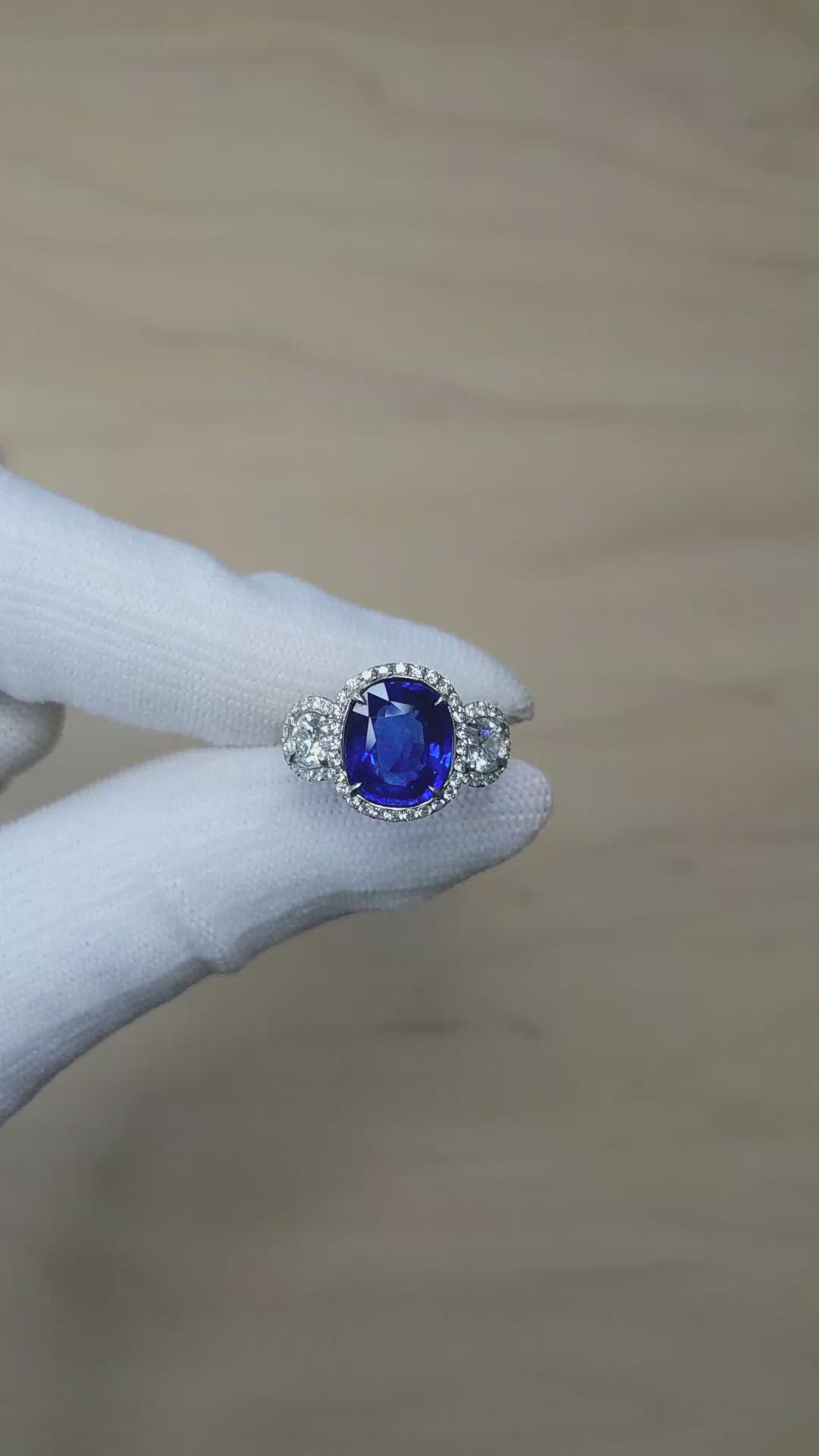 3.75 Ct. Blue Sapphire and Natural Diamond Pave Ring, Platinum 950 Size Video