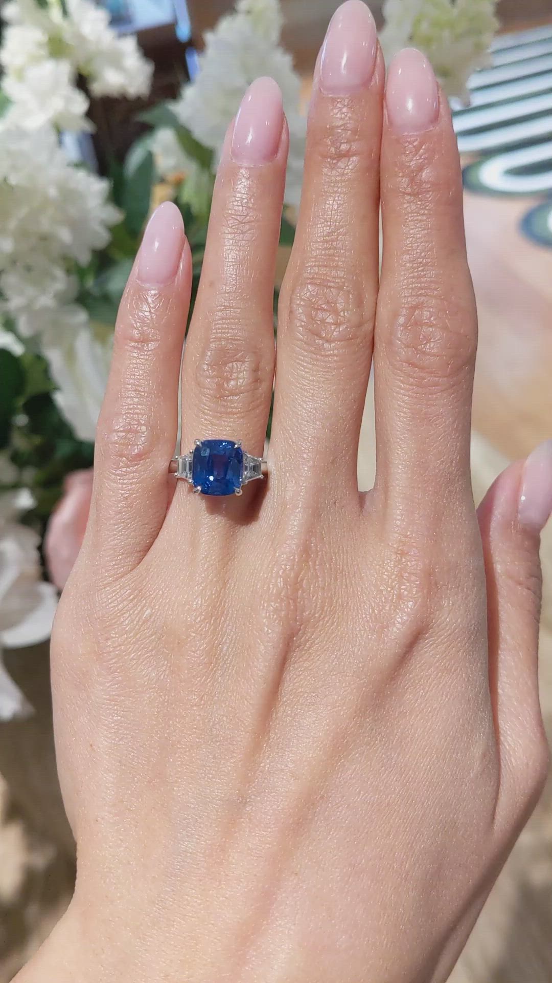 6.01 Ct. Blue Sapphire and Natural Diamond Three Stone Ring, 18K White Gold Size Video
