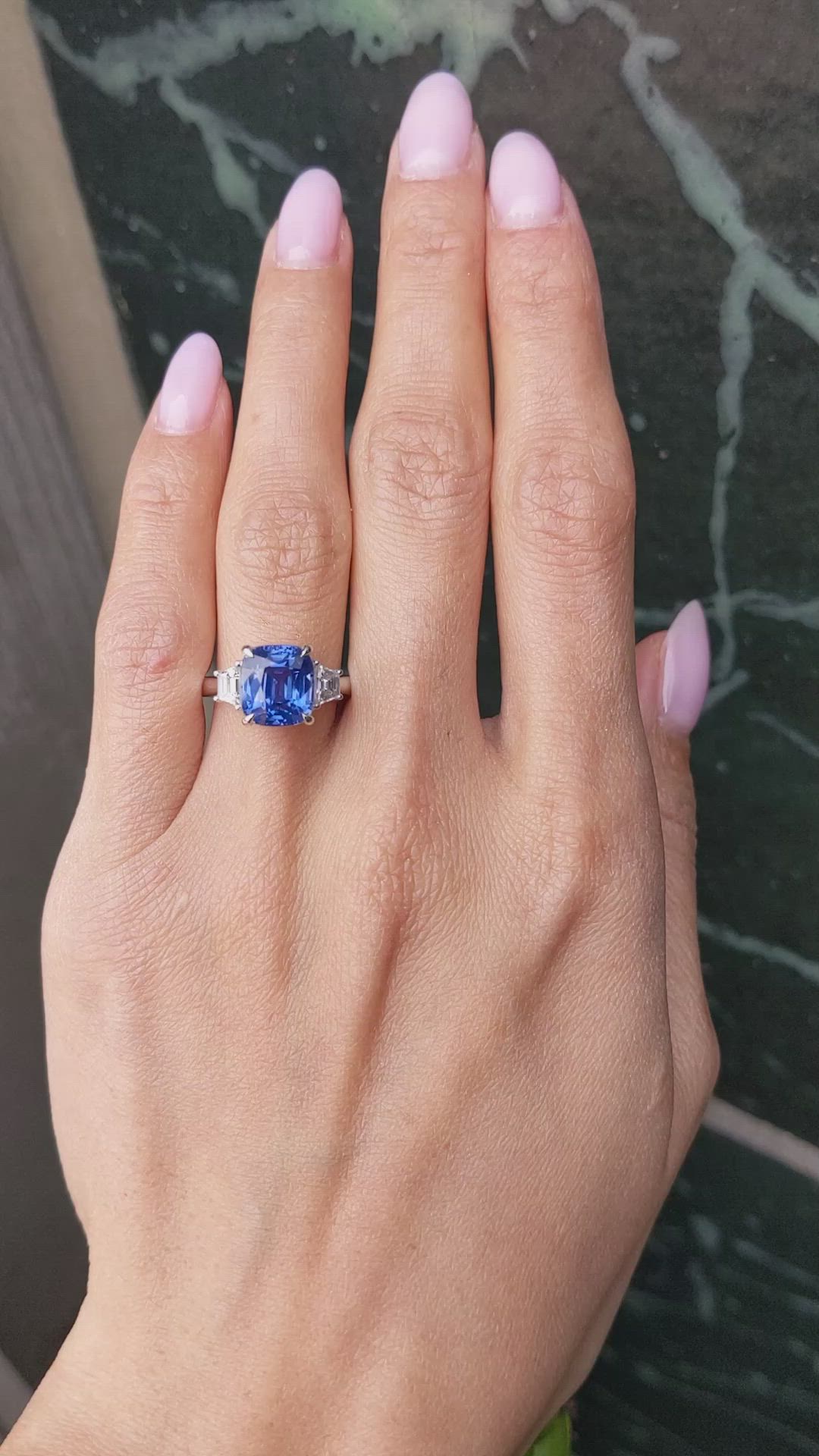 6.01 Ct. Blue Sapphire and Natural Diamond Three Stone Ring, 18K White Gold Size Video