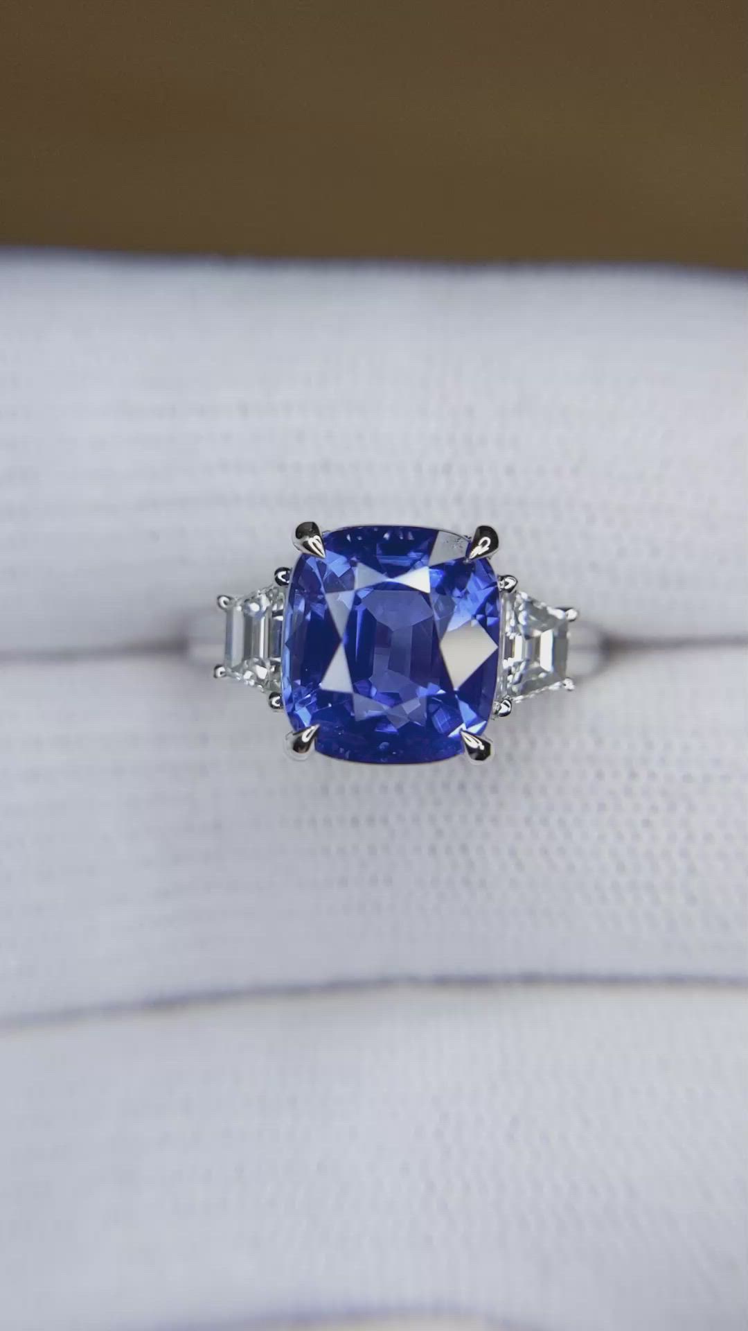 6.01 Ct. Blue Sapphire and Natural Diamond Three Stone Ring, 18K White Gold Size Video