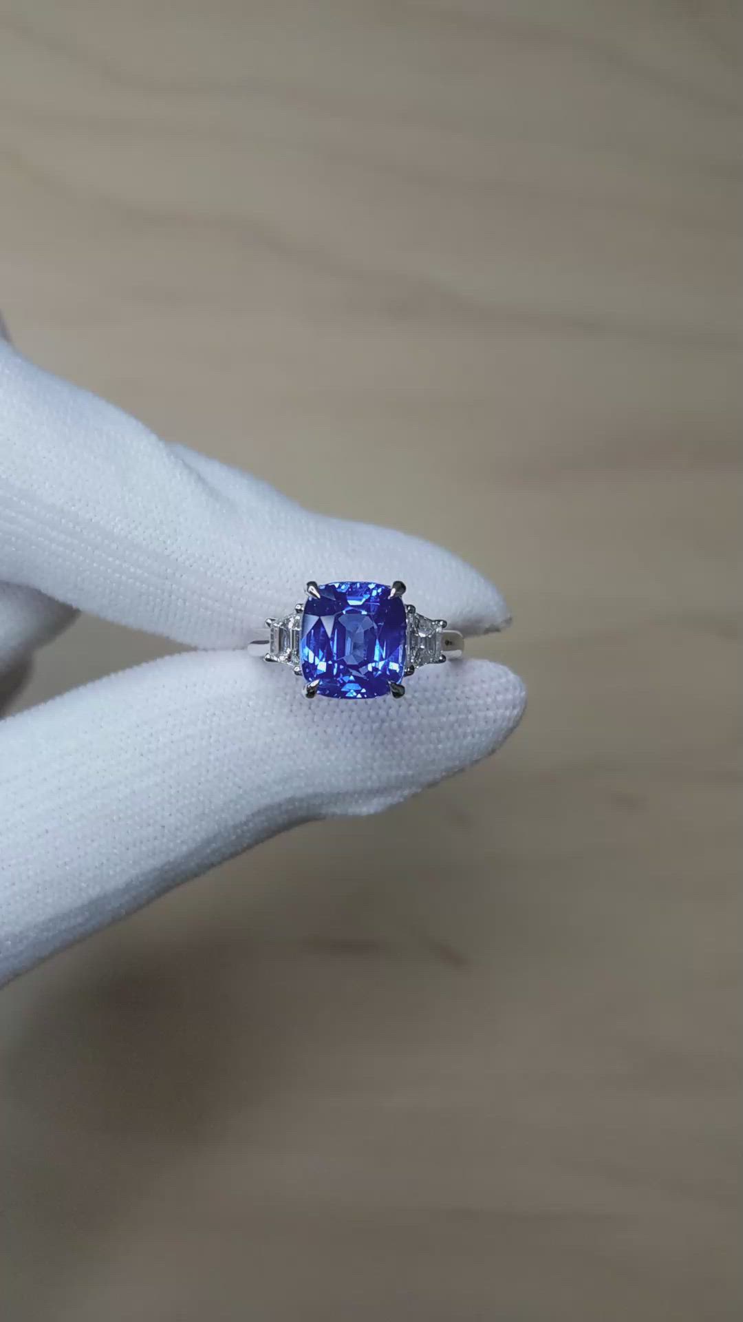 6.01 Ct. Blue Sapphire and Natural Diamond Three Stone Ring, 18K White Gold Size Video