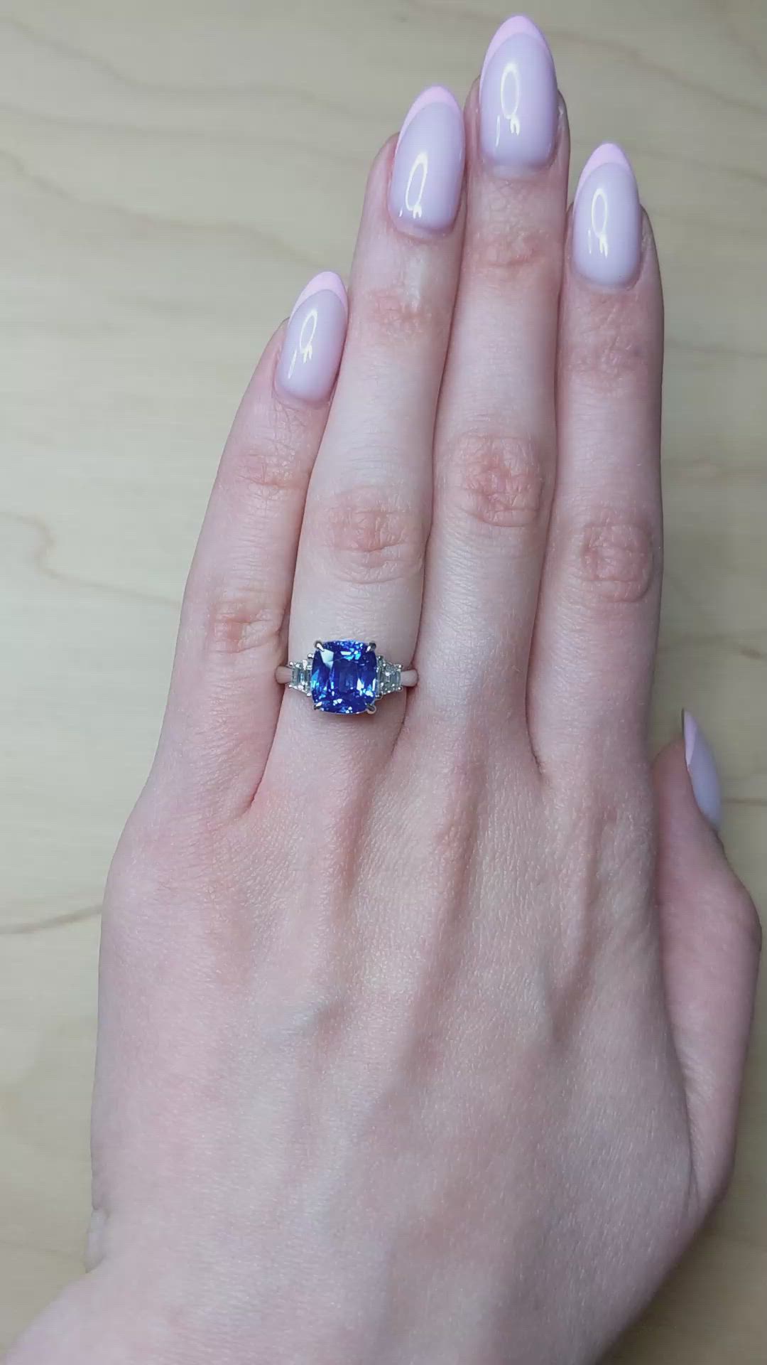 6.01 Ct. Blue Sapphire and Natural Diamond Three Stone Ring, 18K White Gold Size Video