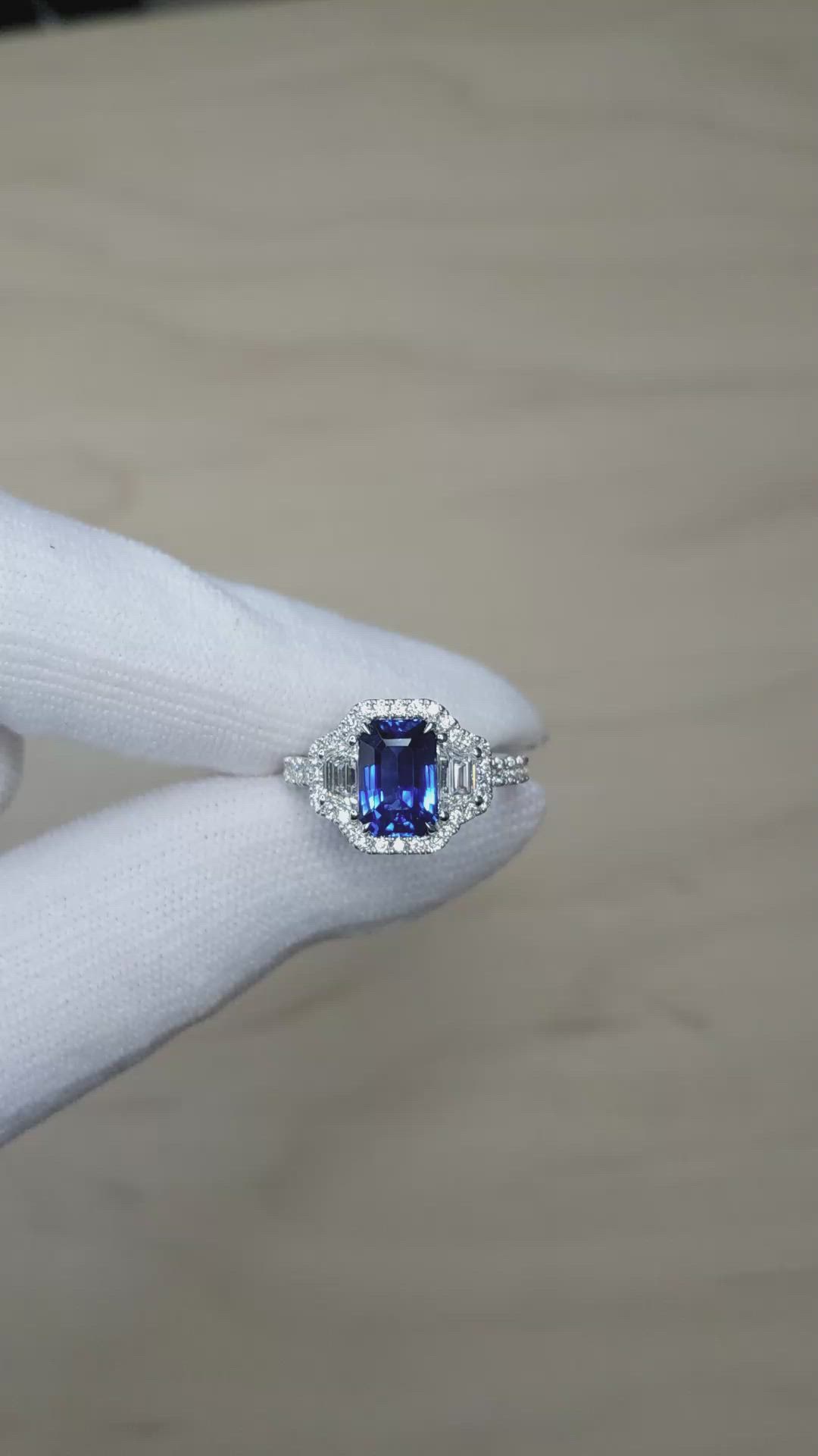 2.60 Ct. Blue Sapphire and Natural Diamond Pave Ring, 18K White Gold Size Video