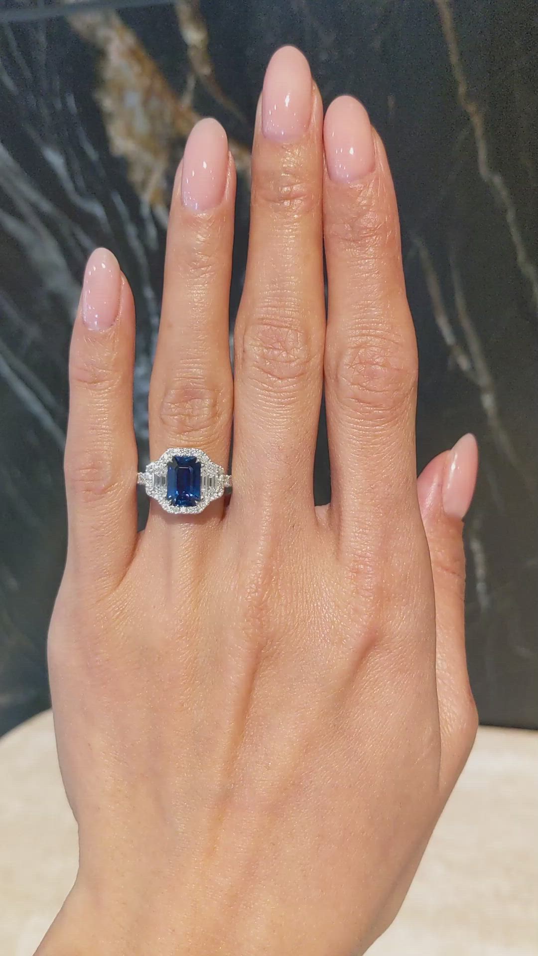 2.60 Ct. Blue Sapphire and Natural Diamond Pave Ring, 18K White Gold Size Video