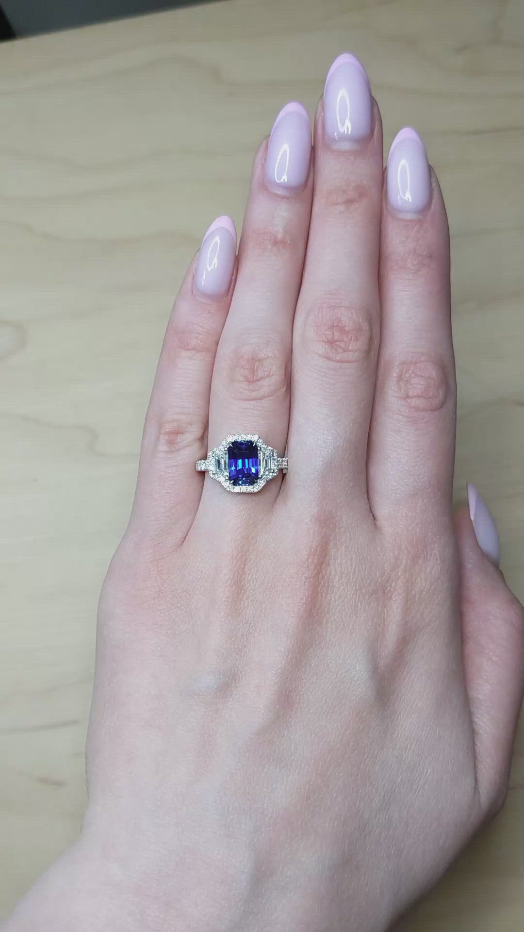 2.60 Ct. Blue Sapphire and Natural Diamond Pave Ring, 18K White Gold Size Video